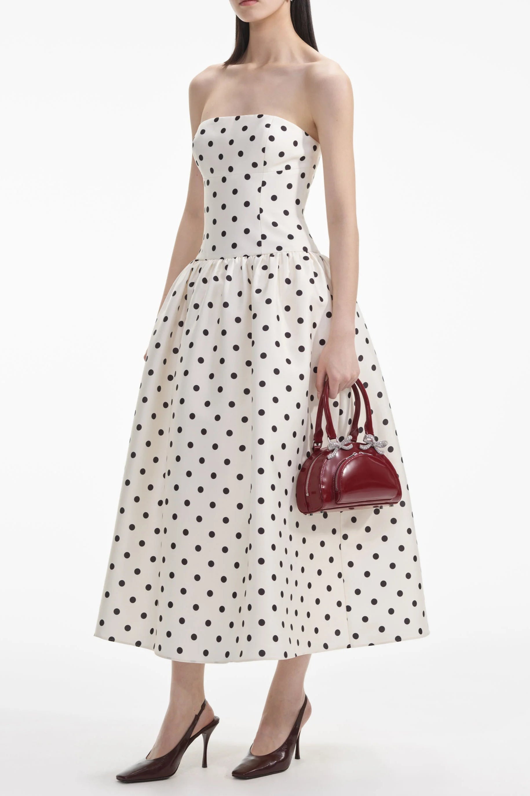 Polka Dot Taffeta Midi Dress for Women - Elegant Cream Floral Print Party Dress for Wedding, Cocktail & Special Occasions