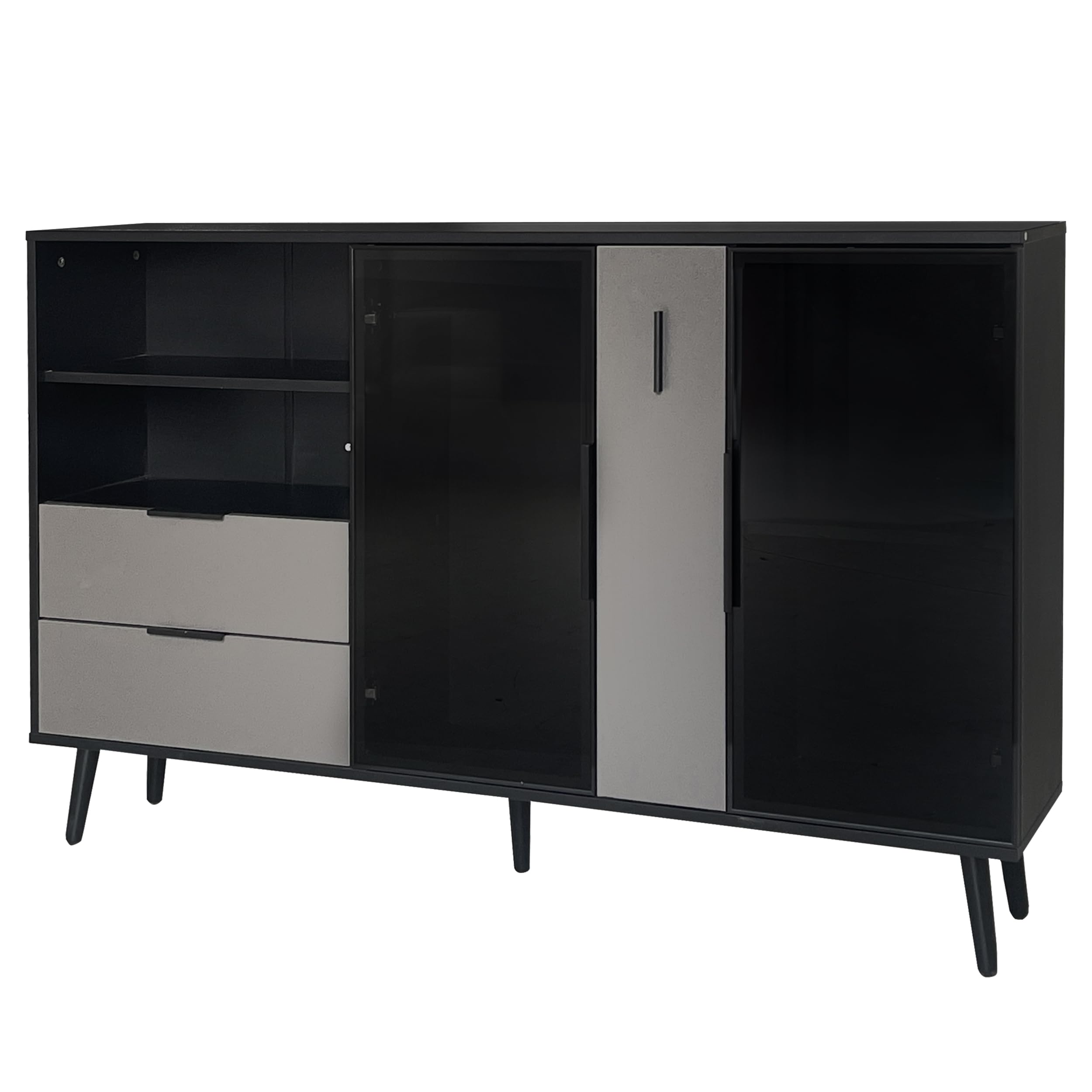 Modern Storage Cabinet with Tempered Glass Doors & Drawers - Multi-Purpose Sideboard, Entryway Console Table & TV Stand with Metal Handles for Living Room, Bedroom or Office (Black & Gray) - Perfect for Organizing, Displaying Decor & Enhancing Home Aesthetics