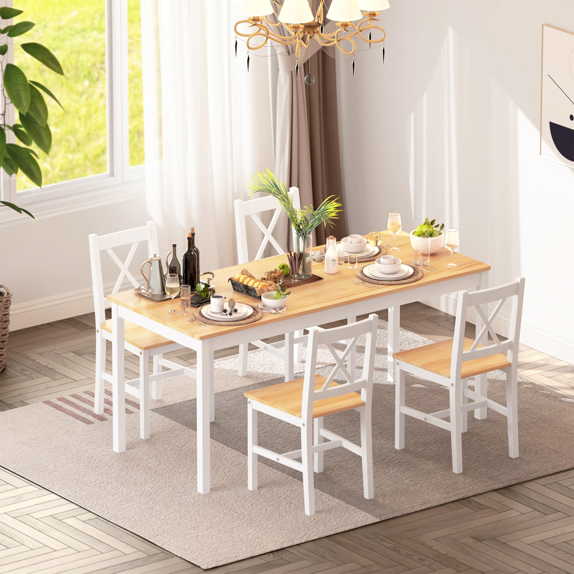 Soges 5-Piece White & Oak Dining Table Set - 47.2 Inch Pine Wood Rectangular Kitchen Table with 4 Chairs - Perfect for Small Kitchens, Dining Rooms, and Breakfast Nooks