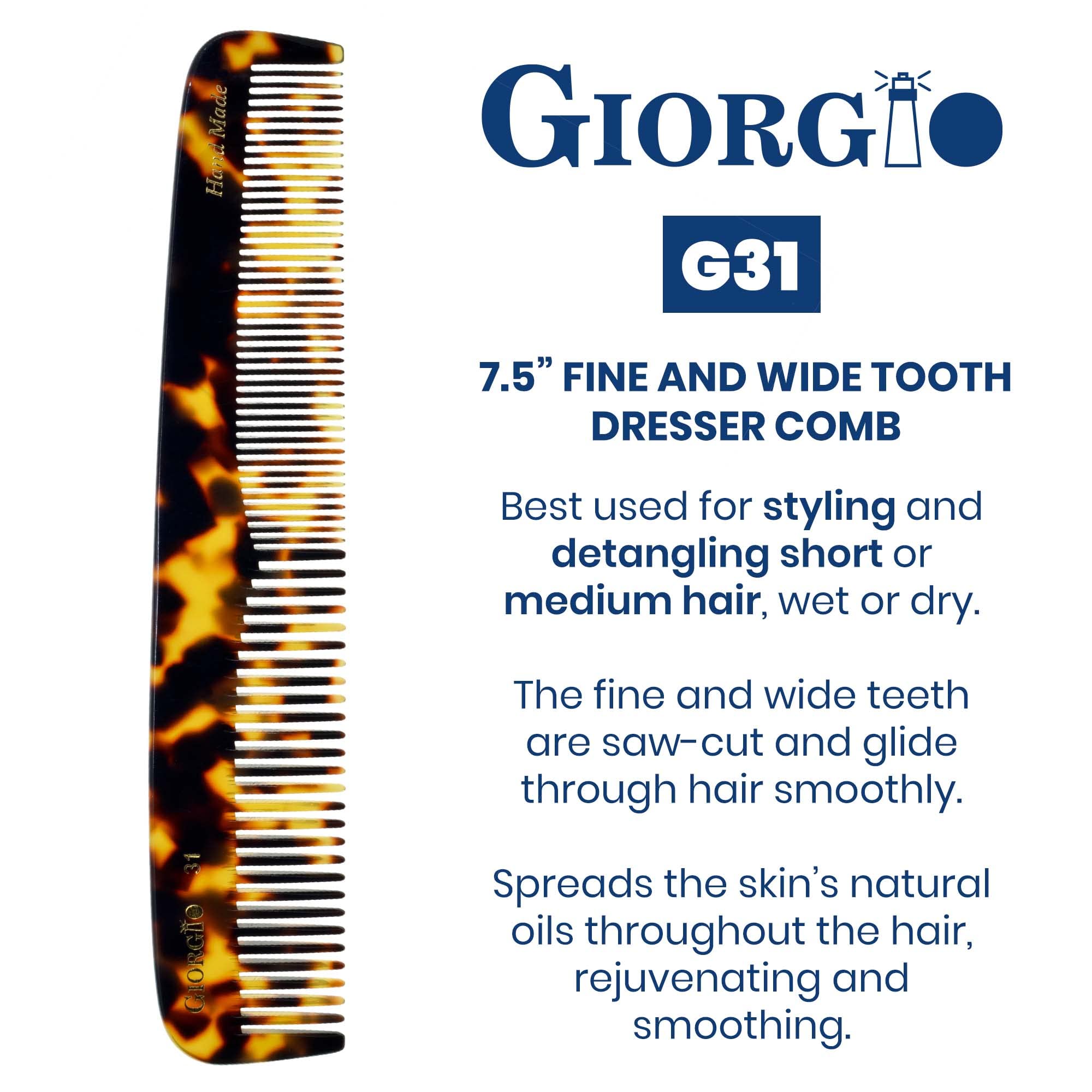Giorgio G31 Fine & Wide Tooth Hair Comb for Men & Women - Handmade Saw-Cut Detangling Comb for Beard Care, Styling & Grooming - Perfect for Daily Use, Travel & Salon Styling