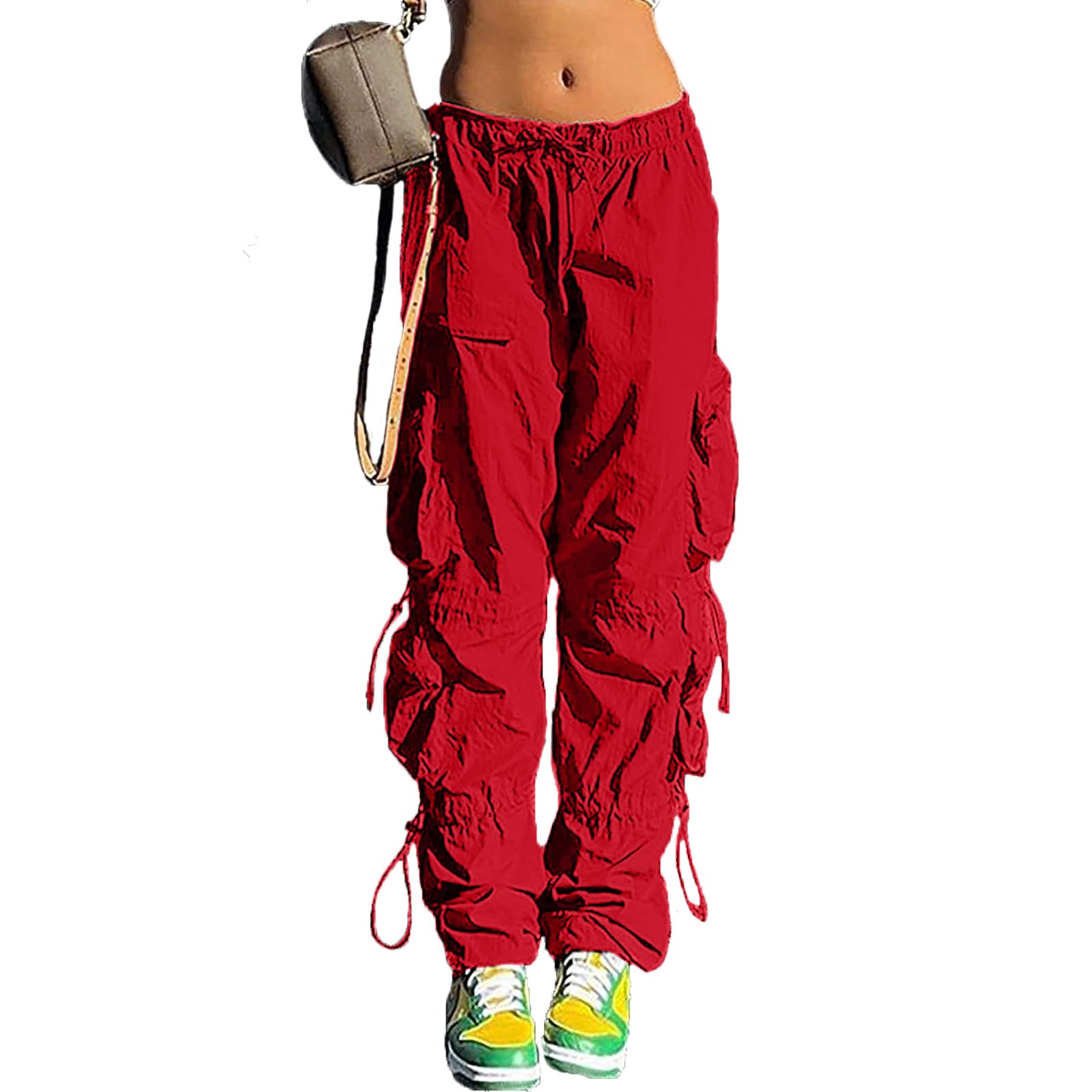 QYANGG Women's Baggy Parachute Pants with Drawstring Waist - Elastic Low Rise Cargo Joggers with Multiple Pockets | Y2K Fashion Trend | Perfect for Streetwear, Casual Outfits & Festival Style