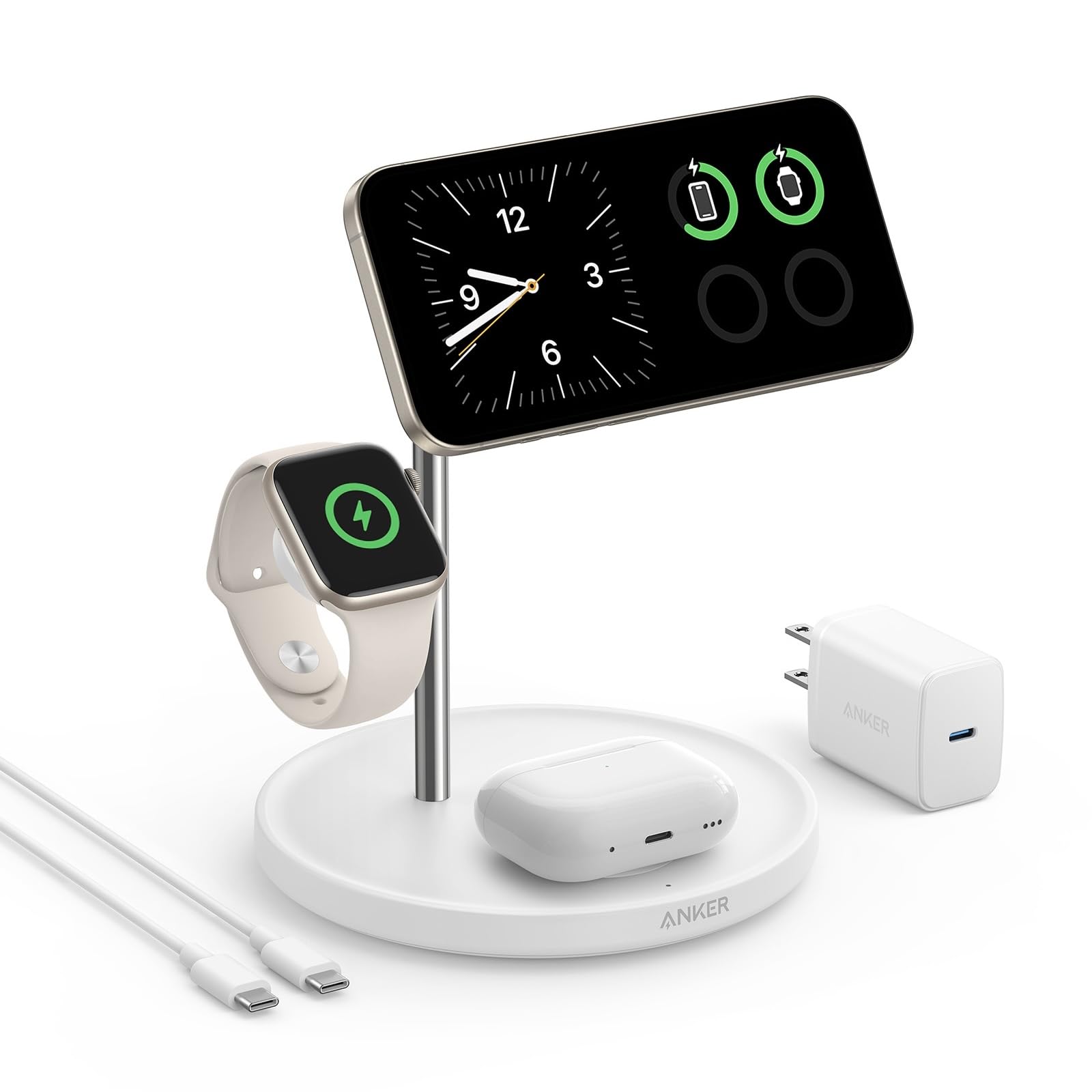 Anker MagGo 3-in-1 Wireless Charging Station - Qi2 Certified 15W Fast Charger | Compatible with iPhone 16/15/14/13/12, Apple Watch & AirPods | MagSafe-Compatible Charging Stand for Home, Office & Nightstand Use