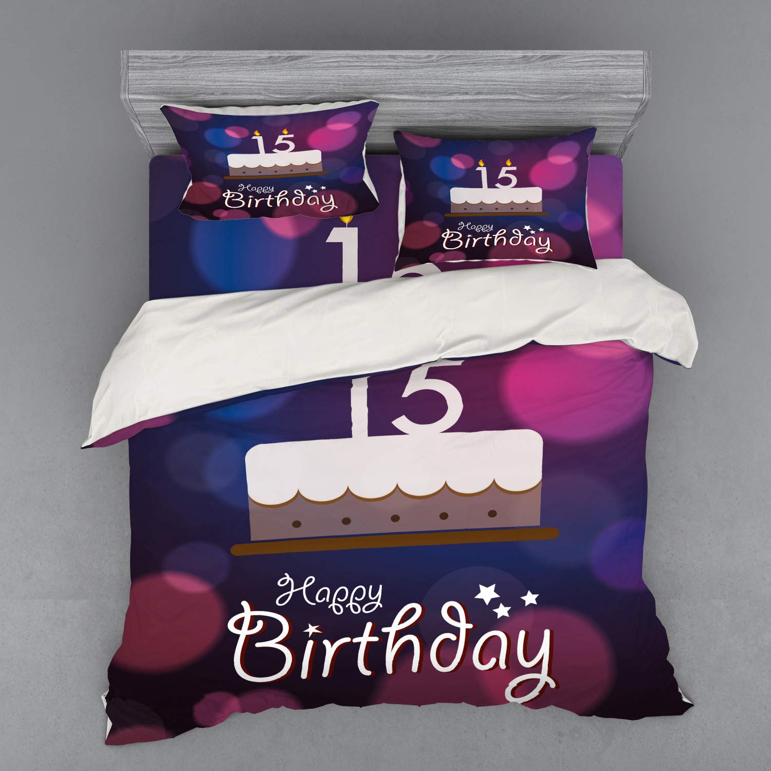 Ambesonne 15th Birthday Bedding Set - King Size 4-Piece Duvet Cover with Shams & Fitted Sheet - Number 15 Cake Candles Abstract Design in Blue Pink White - Perfect for Teen Birthday Parties & Sleepovers