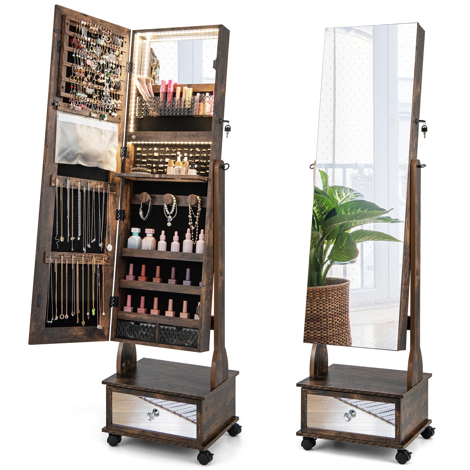 Charmaid Jewelry Armoire with Full-Length Mirror, 3-Color LED Lights & Lockable Storage - Rolling Jewelry Cabinet with Wheels, Drawers & Floor Standing Organizer - Perfect for Bedroom, Closet or Dressing Room (Rustic Brown)