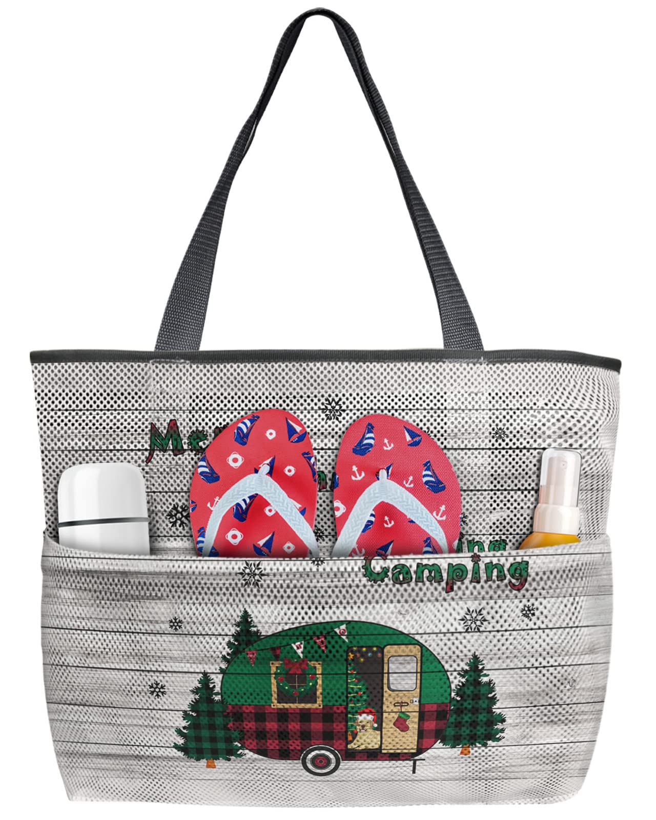 Large Mesh Beach Tote Bag for Women with 8 Pockets - Lightweight, Durable & Water-Resistant for Pool, Camping, Travel, Dog Park & Summer Outings - Christmas Gift Idea (Black/Red/Green Options)