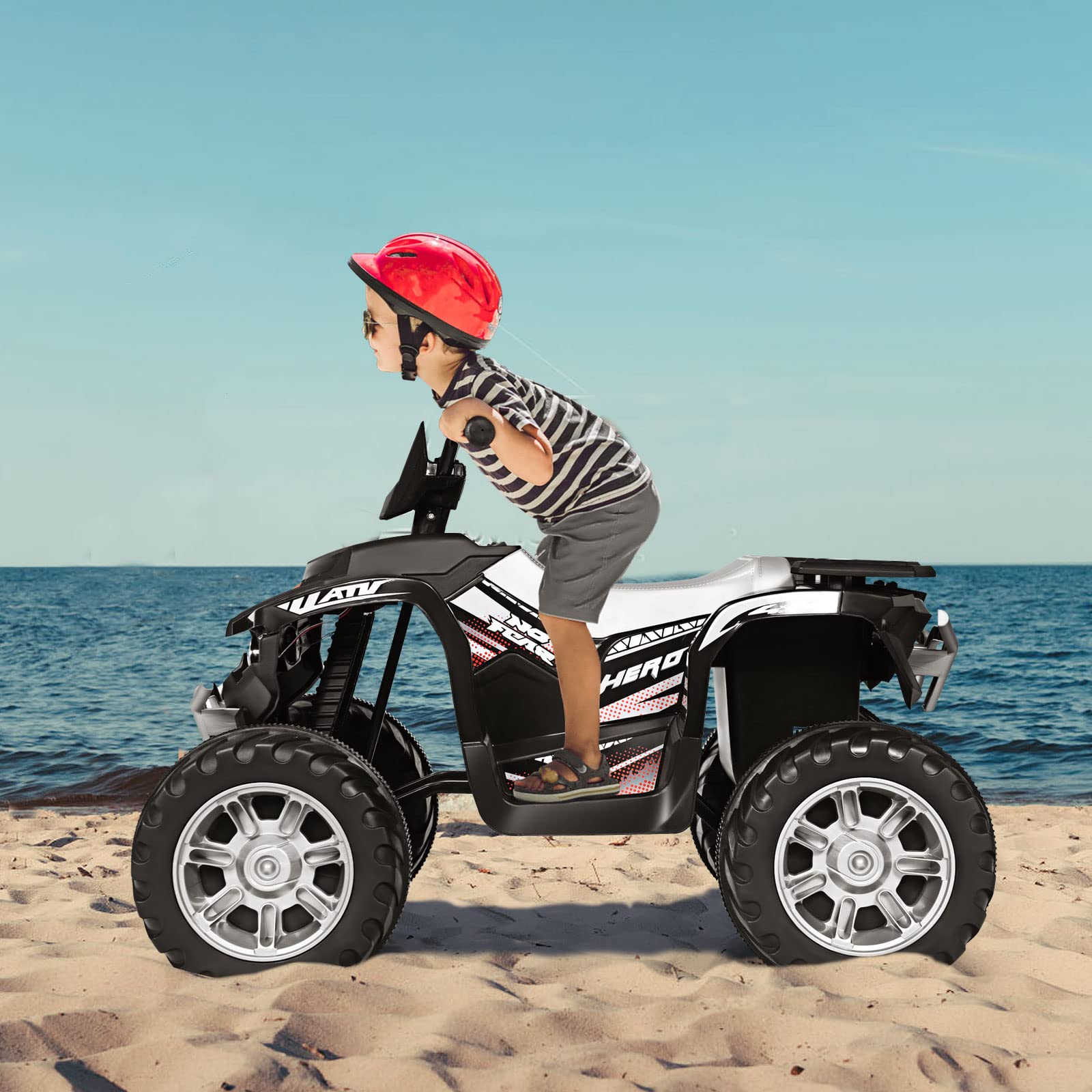 HONEY JOY 12V Kids Electric Ride On ATV - 4-Wheeler Battery Powered Quad with 2 Speeds, LED Headlights & Treaded Tires - Safe Slow Start, Horn & Music - Perfect Outdoor Toy for Toddlers (Black) - Great for Backyard Play, Birthday Gifts & Outdoor Adventures