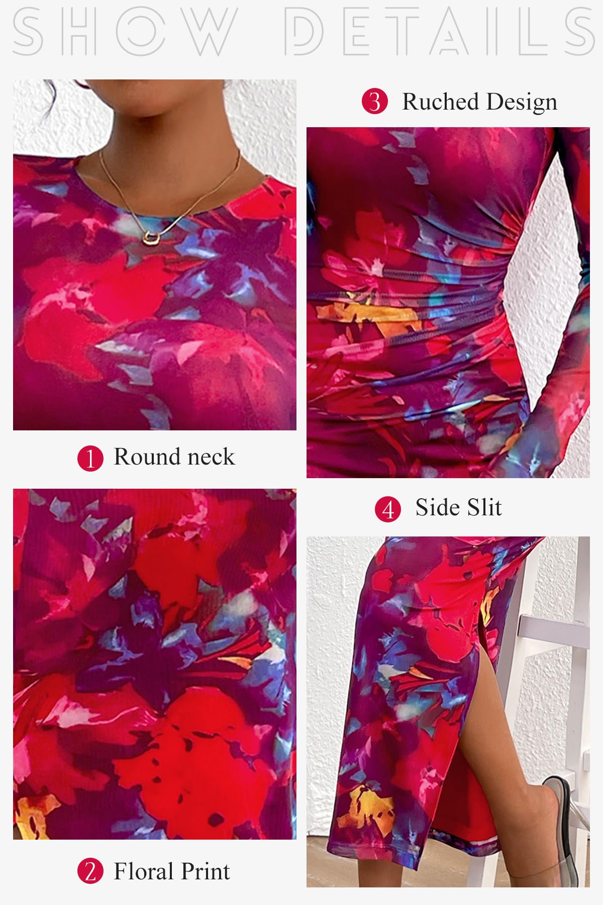 CFLONGE Women's Floral Print Long Sleeve Bodycon Dress - Ruched Cocktail Party & Wedding Guest Maxi Dress - Perfect for Evening Events, Date Nights & Special Occasions