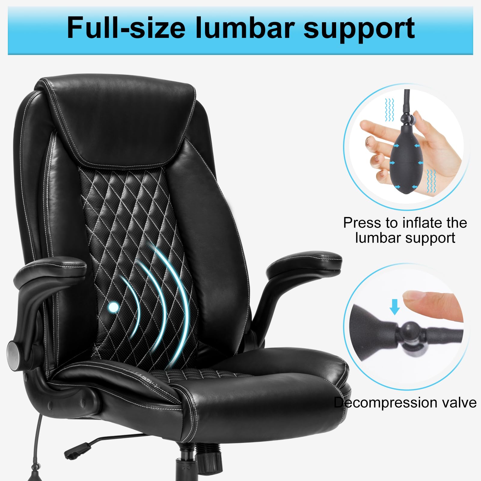 Ergonomic High Back Office Chair - Adjustable Lumbar Support & Flip-Up Arms PU Leather Desk Chair with Spring Cushion for Home Office, Gaming & Computer Workstation