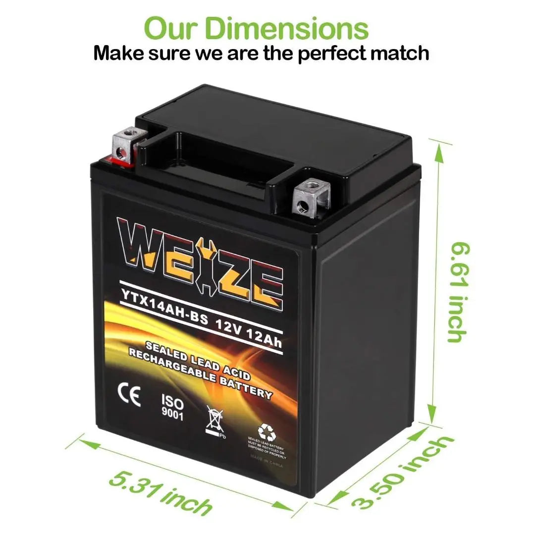 WEIZE YTX14AH BS 12V 12Ah High Performance AGM Battery - Maintenance Free, Sealed ATV/Motorcycle Battery for Polaris Sportsman 570, Trail Blazer 250, Ranger 400/500, Suzuki King Quad 300, QuadRunner 250 - Perfect for Off-Road Adventures & Power Sports