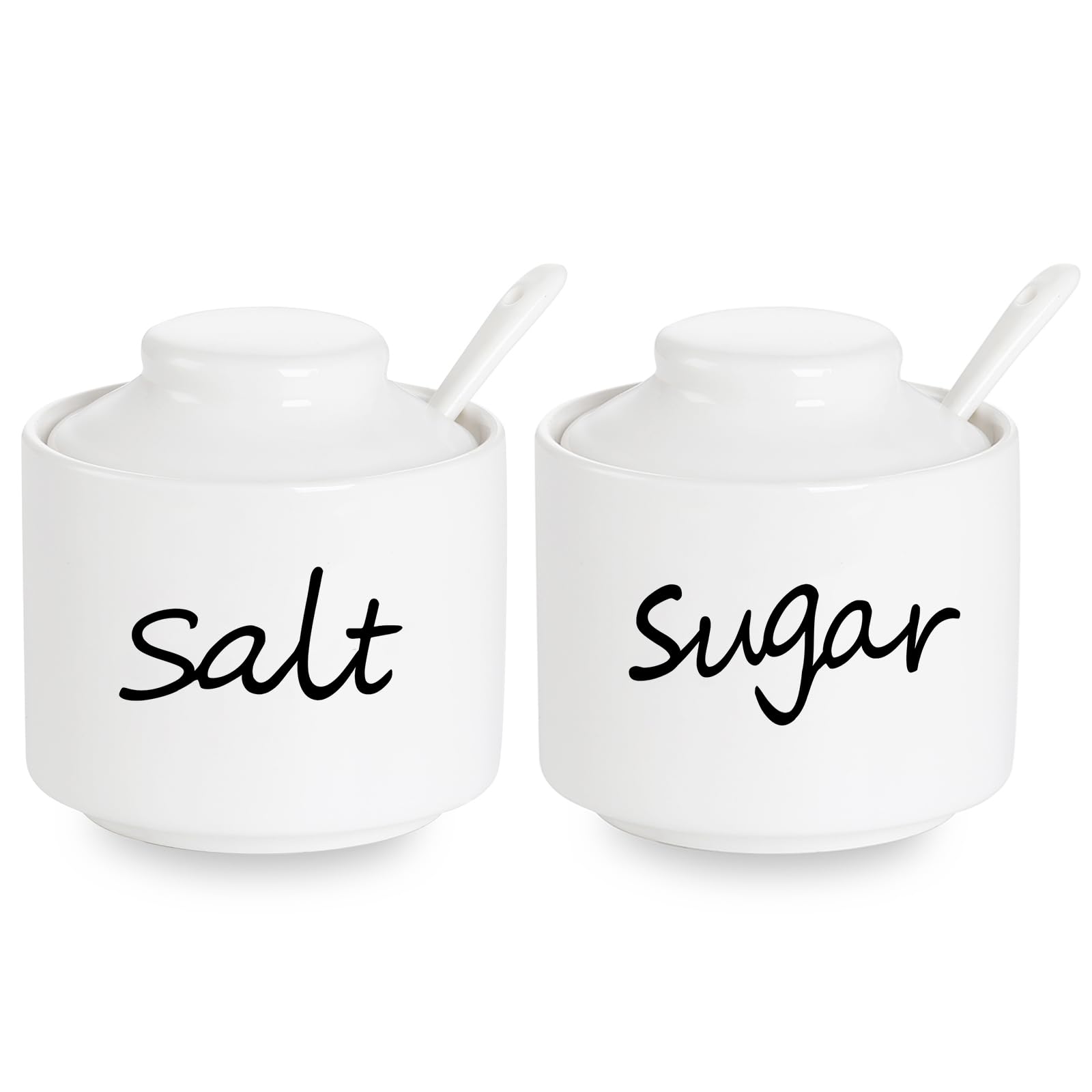 ONTUBE 8 oz Ceramic Sugar and Salt Bowls with Lid & Spoon - Airtight Kitchen Spice Storage Containers for Seasonings, Coffee, Tea | Dishwasher Safe, Elegant White for Countertop & Dining Table Decor