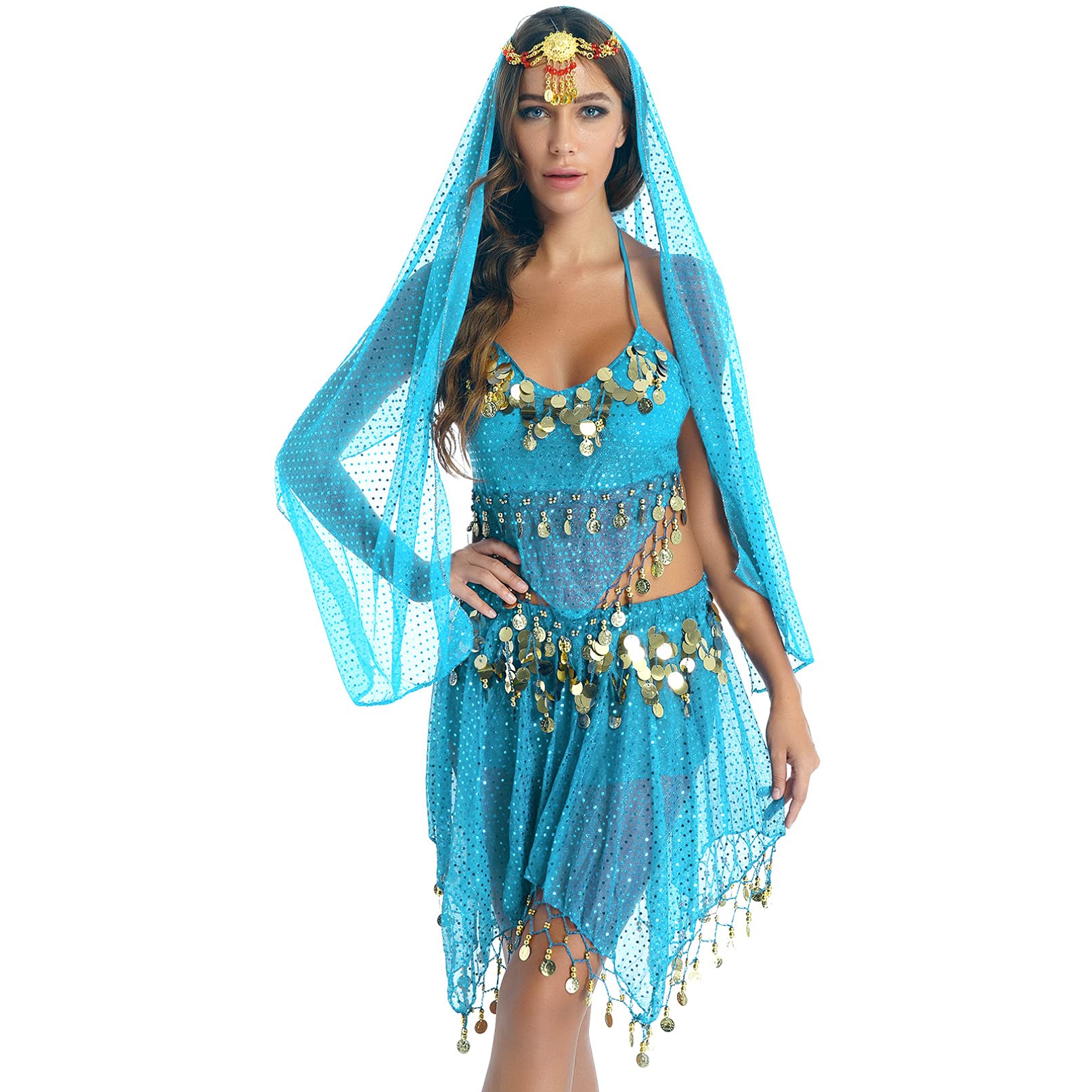 Women's Belly Dance Costume - Indian Bollywood Sequin Skirt & Shiny Outfit for Professional Performances | Perfect for Dance Shows, Cosplay & Cultural Events