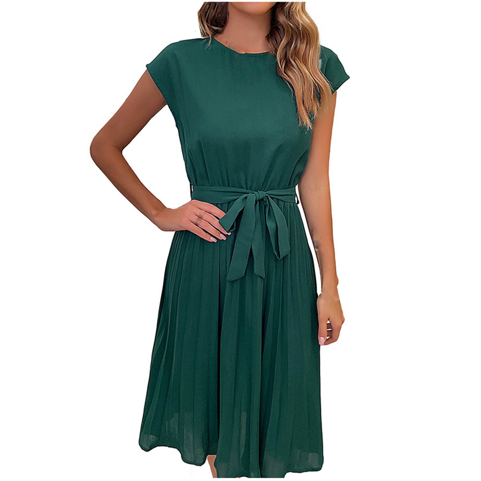 Elegant Women's Smocked Dress - Crewneck Cap Sleeve Plain Color Strappy Dress for Date Night, Wedding Guest & Casual Occasions | Perfect for Cocktail Parties, Bridal Showers & Summer Events