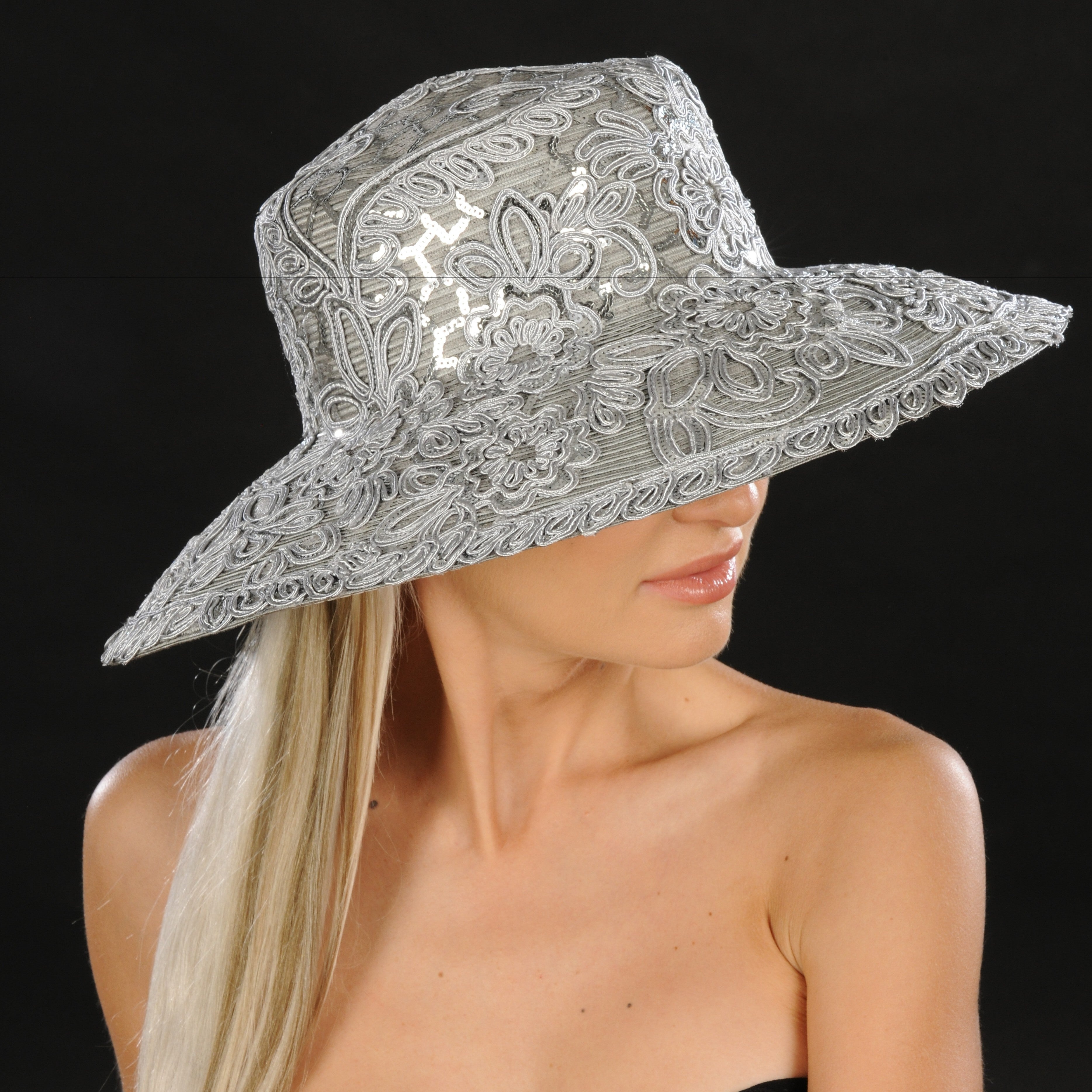 Elegant Silver Wide Brim Women's Sun Hat - Fashionable Ladies Dress Hat for Outdoor Events, Beach, and Summer Weddings