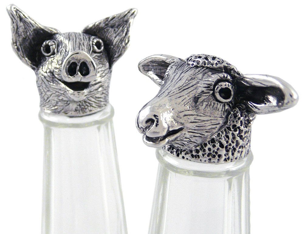 Sheep and Pig Salt & Pepper Shakers - Handcrafted Glass & American Made Pewter for Farmhouse and Rustic Kitchen Decor