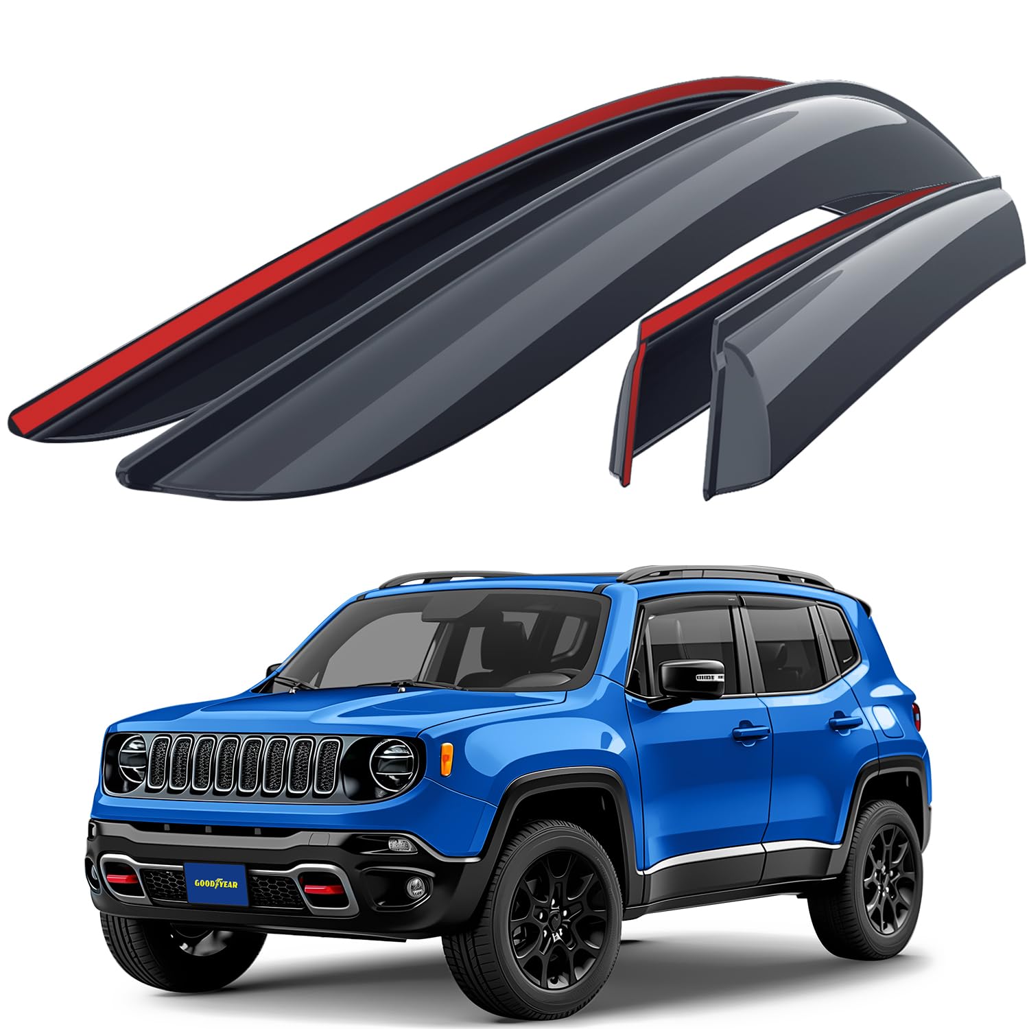 Goodyear Shatterproof Side Window Deflectors for Jeep Renegade 2015-2023 - Tape-on Rain Guards & Vent Visors (4-Piece Set GY008654) - Perfect for All-Weather Protection & Enhanced Driving Comfort