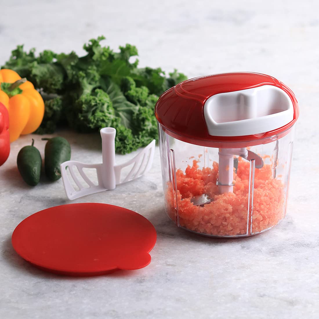 Wonderchef Food and Vegetable String Chopper - Manual Handheld Cutter for Onions, Carrots, Peppers - Perfect for Salads, Stir-fries & Meal Prep - Red