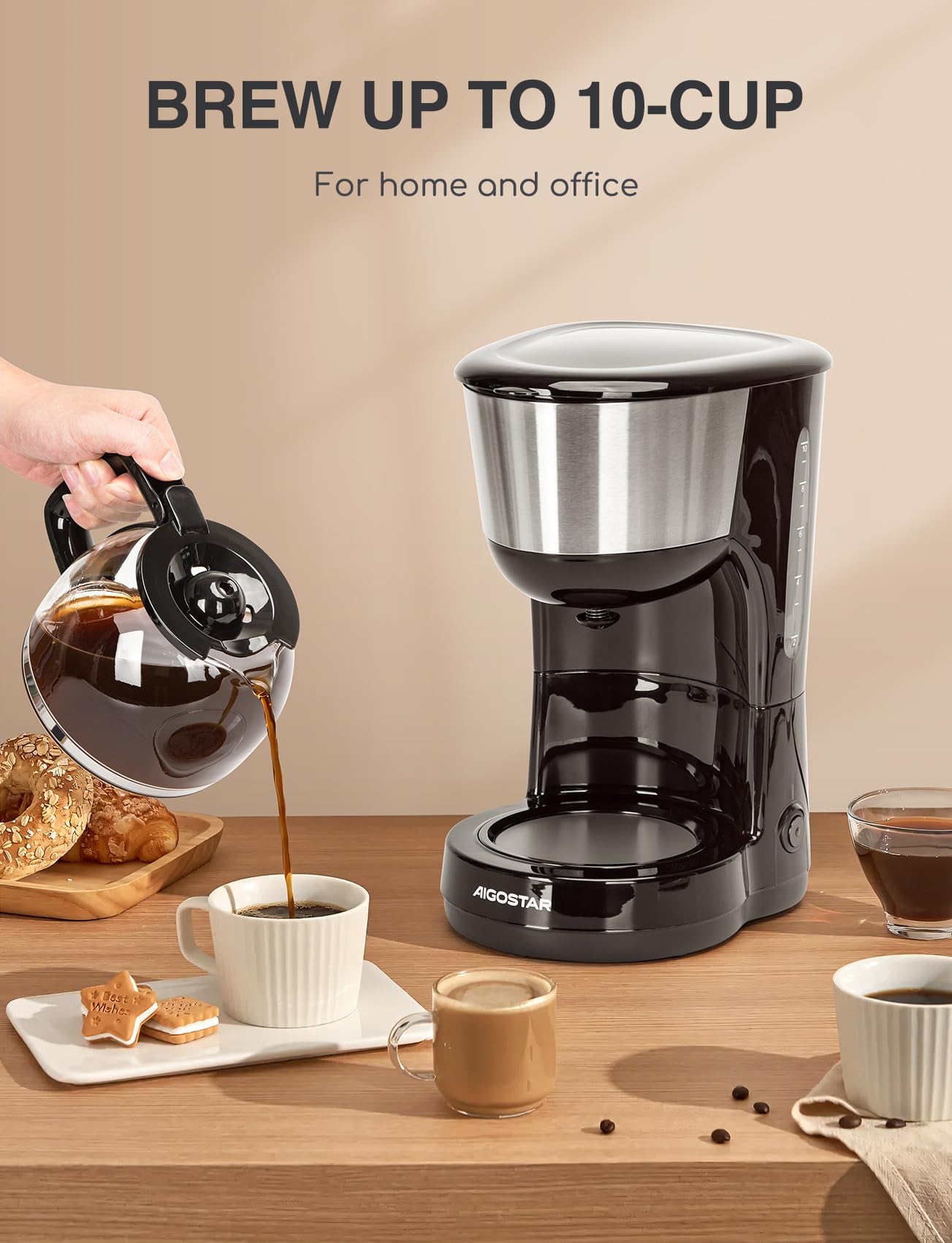 Aigostar 30HIK Drip Coffee Maker - 1000W Filter Coffee Machine with Reusable Filter, Reheat & Keep Warm Function, Anti-Drip System, 1.25L (10 Cups), BPA-Free - Perfect for Home, Office, and Restaurant Use