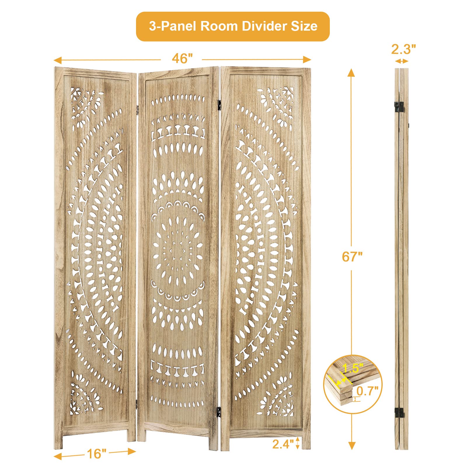 3 Panel Wood Folding Room Divider Screen - 66.9 Inch Privacy Partition for Living Room, Bedroom & Office - Natural Finish, No Assembly Required - Perfect for Home Decor, Space Separation & Room Dividers