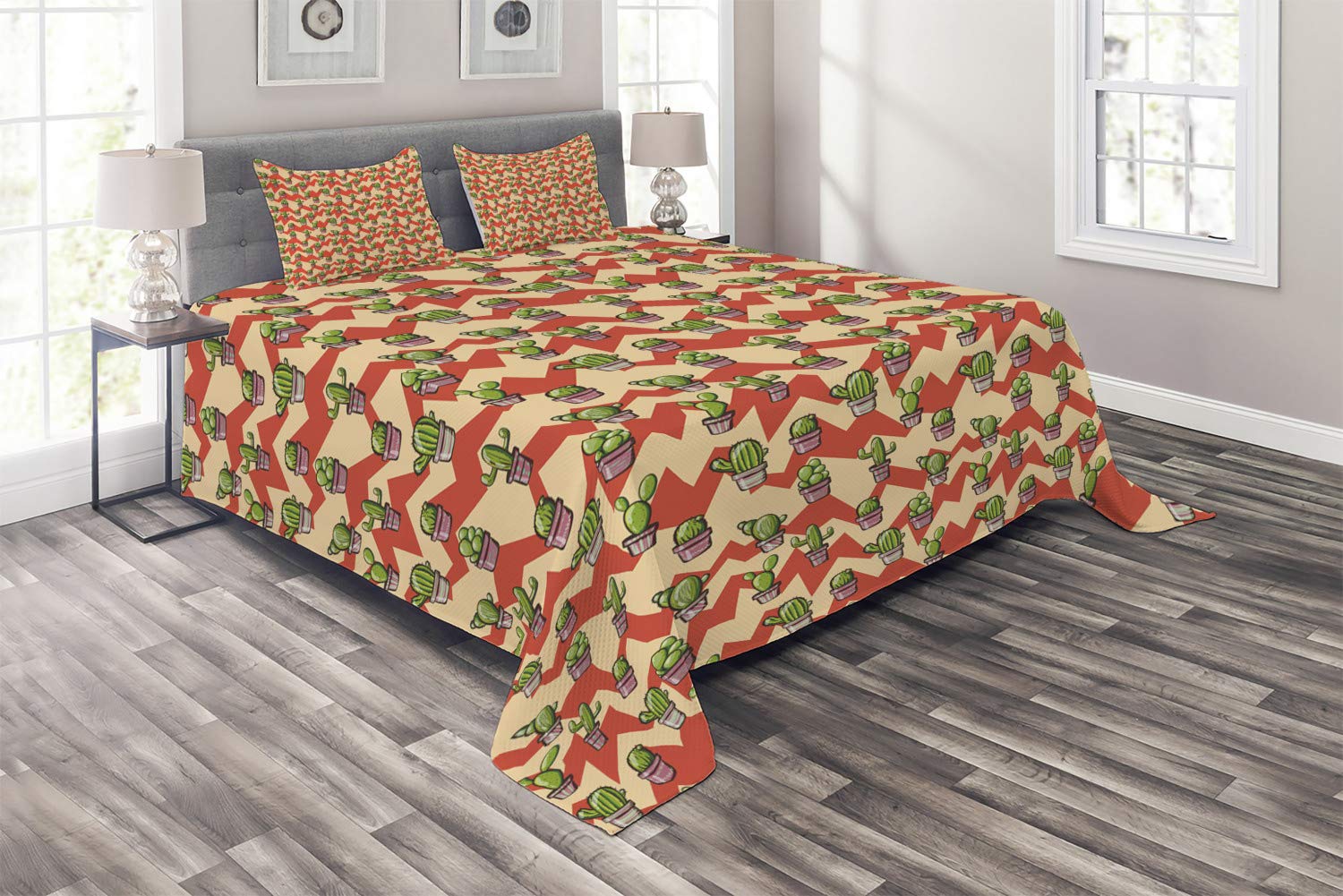 Ambesonne Cactus Quilt Set - King Size 3-Piece Bedspread with Geometric Zigzag Pattern & Mexican-Inspired Botanical Design, Includes 2 Pillow Shams - Multicolor Southwestern Home Decor for Bedroom, Guest Room or Dorm