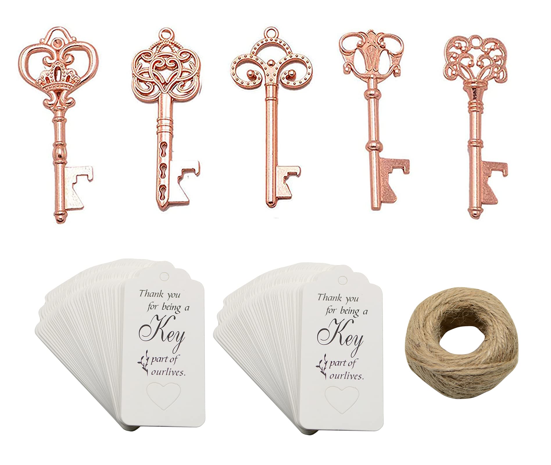 50pcs Rose Gold Skeleton Key Bottle Openers with 100 Thank You Cards & 98ft Hemp Rope - Wedding Favors, Bridal Shower Gifts, Party Supplies (Rose Gold & White Cards) - Perfect for DIY Wedding Decor, Bachelorette Parties & Anniversary Celebrations