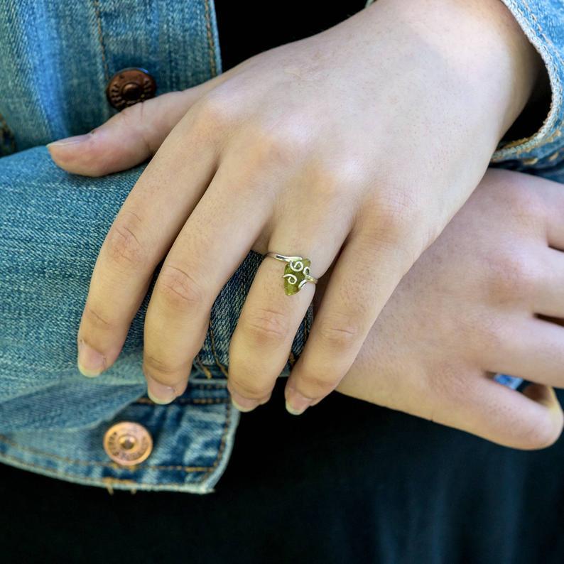 Raw Green Peridot Crystal Adjustable Ring in Sterling Silver - Perfect for Boho Jewelry, Healing Crystal Gifts & Everyday Wear