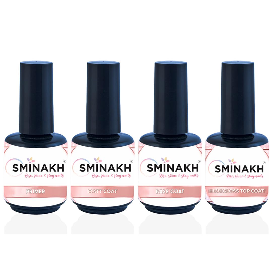 Sminakh Matte Top Base & Primer Coat Set for Nail Art - 15ml Professional Nail Polish Bottles (4-Piece Kit) - Perfect for Salon, Home Manicures & DIY Nail Designs