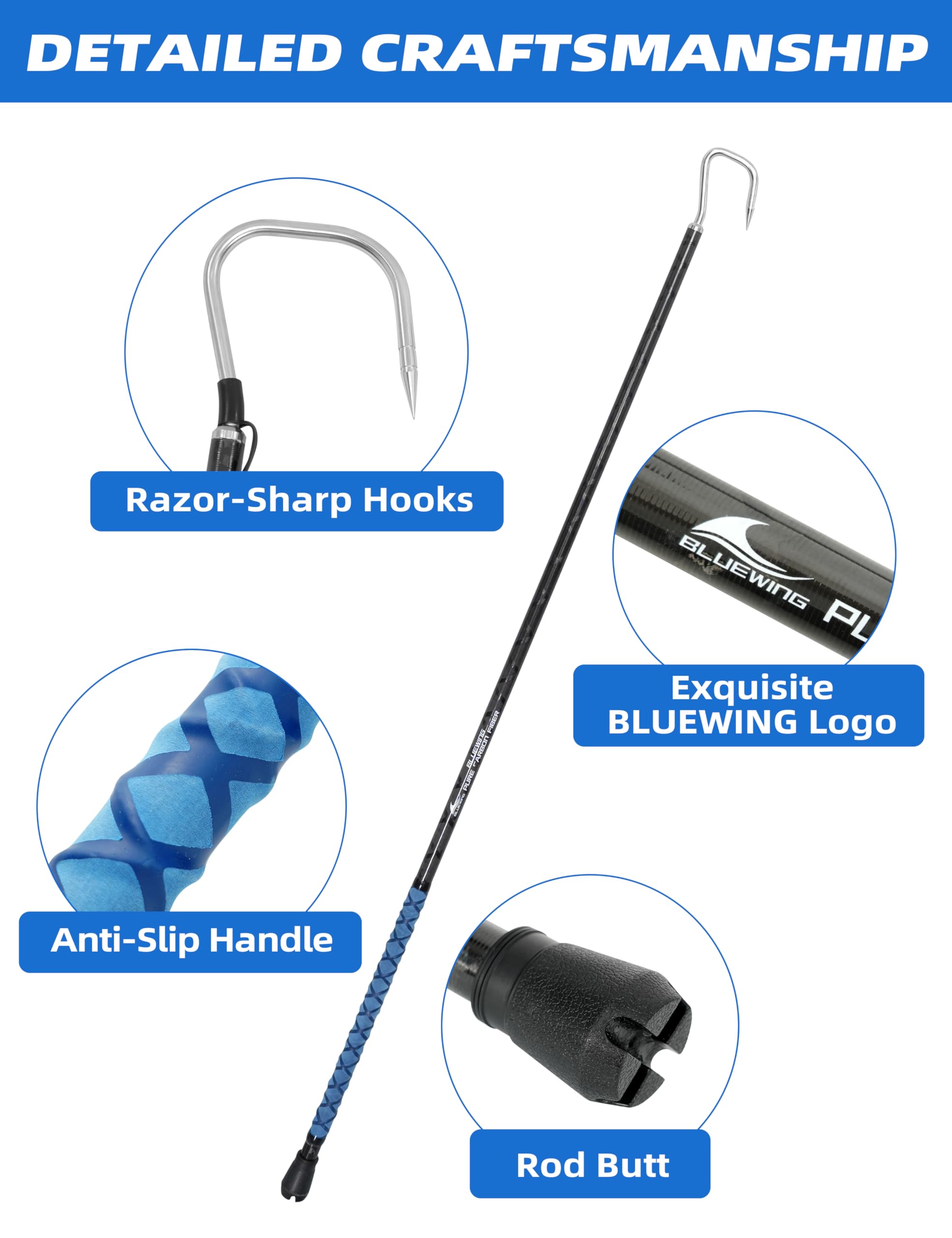 BLUEWING Heavy Duty Saltwater Fishing Gaff - 3ft to 16ft Fiberglass/Carbon Fiber Pole with 2in/4in Stainless Steel Hook for Tuna, Shark & Marlin - Perfect for Offshore Big Game Fishing & Deep Sea Angling