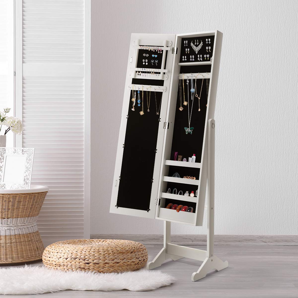 HOMGX White Wooden Standing Jewelry Cabinet with Mirror - Jewelry Armoire Organizer for Necklaces, Rings & Earrings - Perfect for Bedroom, Closet & Dressing Room Storage