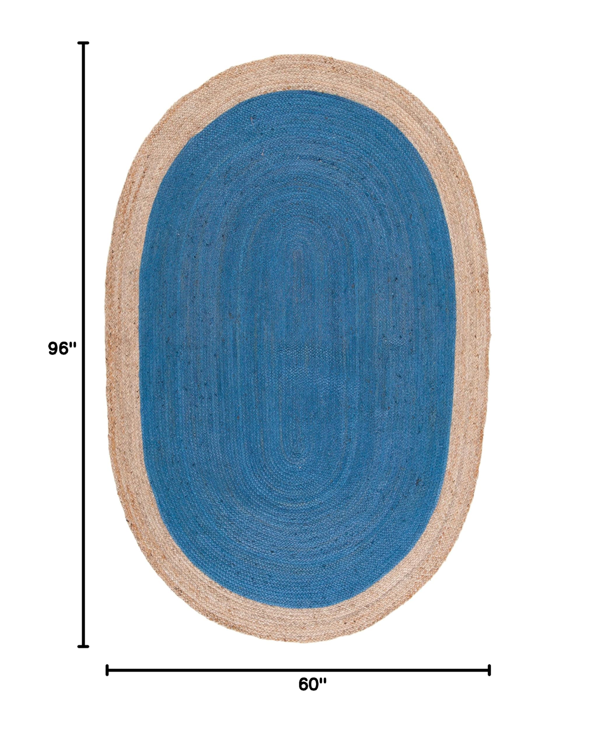 SAFAVIEH Handmade Boho Braided Jute Area Rug - 5' x 8' Oval, Royal Blue & Natural, Natural Fiber Collection for Living Room & Bedroom | Durable High-Traffic Rug for Boho & Coastal Home Decor (NF801D)