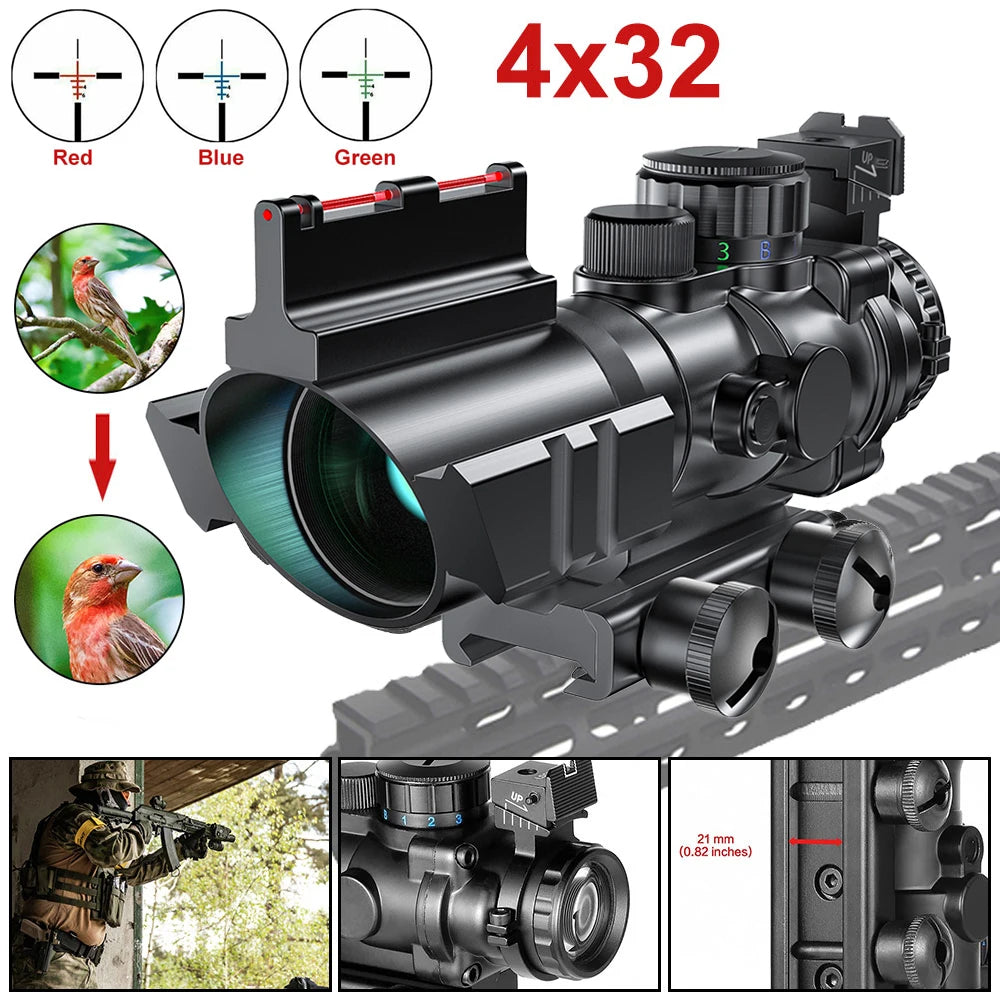 Tactical 4x32 ACOG Rifle Scope with 20mm Dovetail Mount | Green Reflex Sight for Hunting, Air Gun, Rifle & Airsoft | Perfect for Sniper Magnification & Outdoor Shooting Adventures