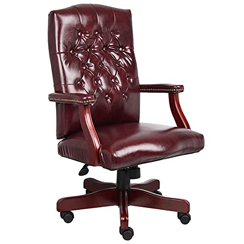 Oxblood Caressoft Classic Chair with Mahogany Finish - Ergonomic Office Desk Chair, Executive Computer Chair & Gaming Chair for Home Office, Study, and Lounge