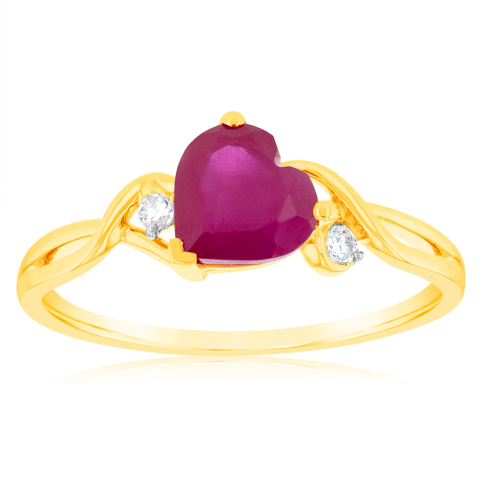 9ct Yellow Gold 7mm Heart-Shaped Created Ruby and Diamond Ring - Perfect for Valentine's Day, Anniversary Gifts, and Romantic Proposals