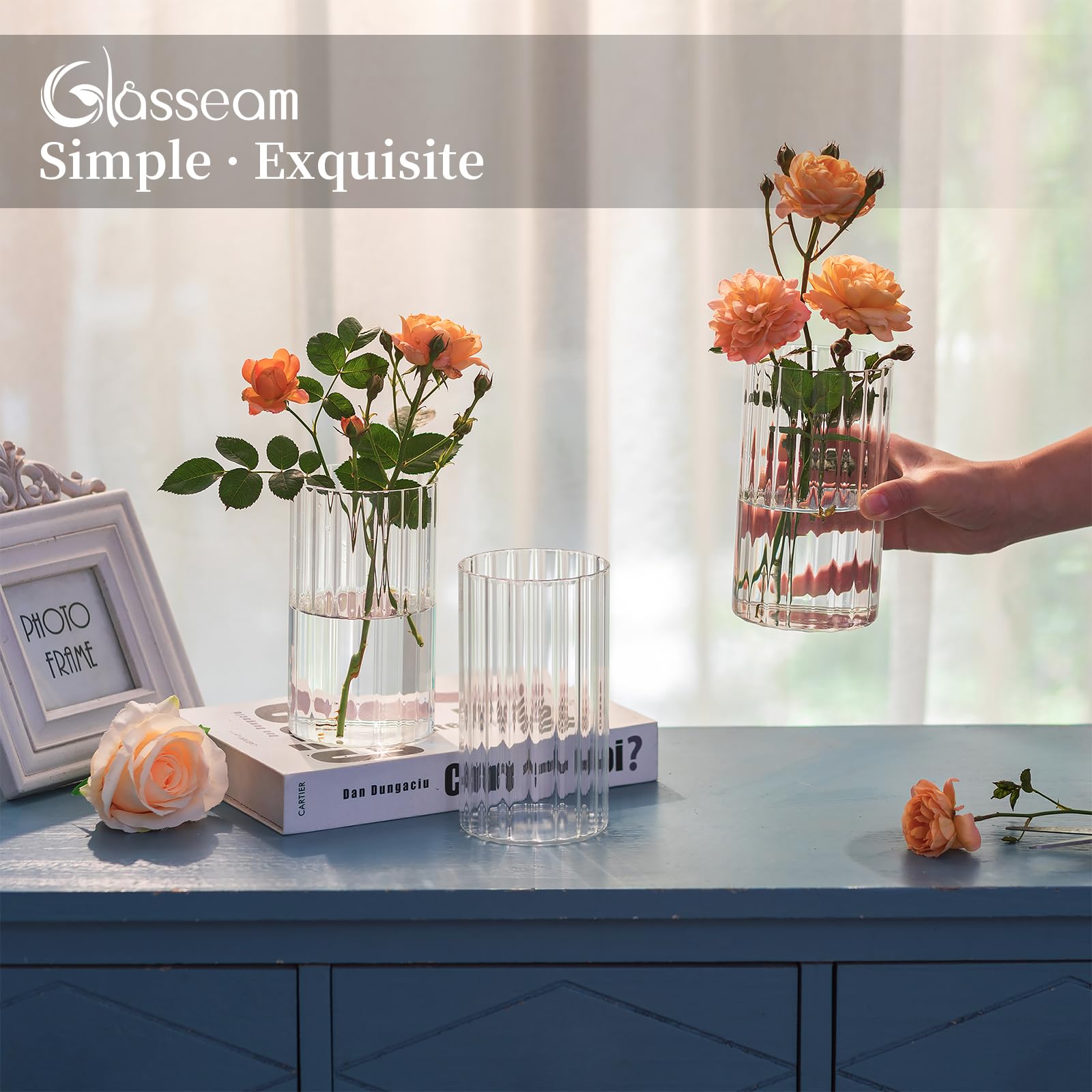 Glasseam Hurricane Glass Candle Holders - Set of 6 Clear Cylinder Candle Holders for Pillar Candles, Modern Ribbed Design, Decorative Vases for Wedding Centerpieces & Table Decor (5.91