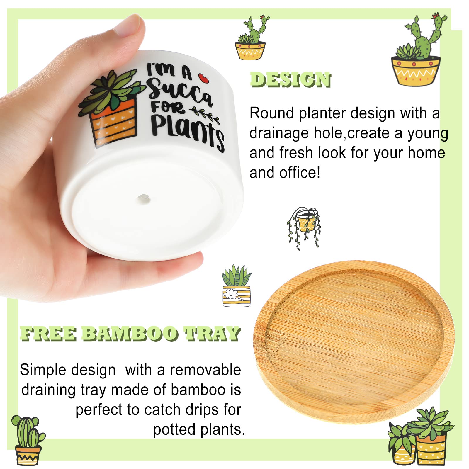 6-Piece Funny Succulent Plant Pots with Bamboo Tray - Cute Ceramic Planters for Succulents, Perfect Teacher Gifts for Graduation, Birthday & Office Decor (Cute Style) | Ideal for Home, Office Desk & Classroom Decorations