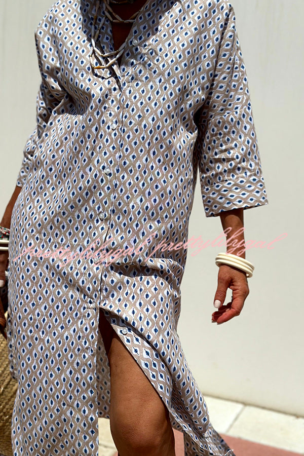 Summer Splendor Printed Button Half Sleeve Belt Loose Shirt Midi Dress - Flowy Boho Chic Outfit for Beach Vacation, Date Night & Casual Wear