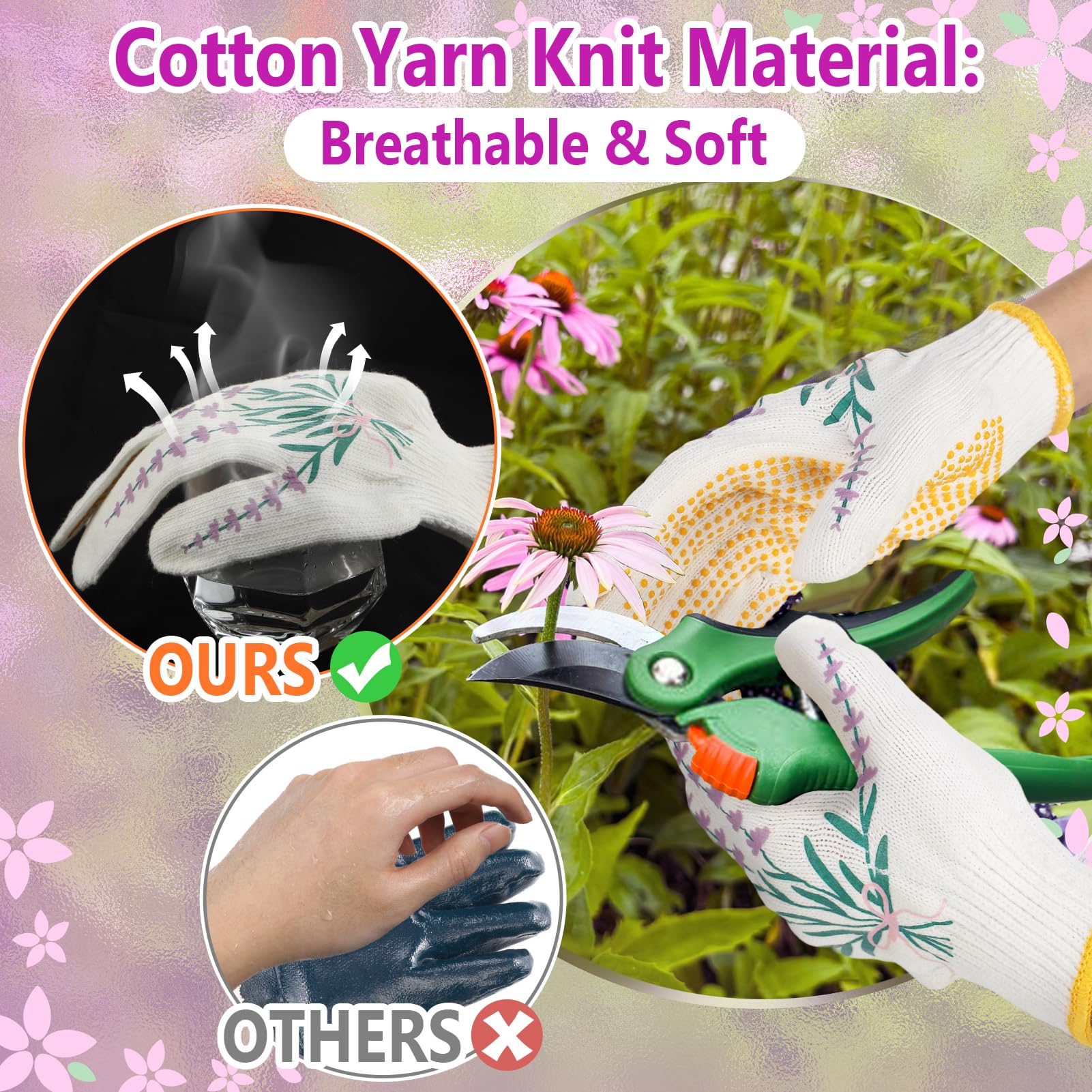 Breathable Gardening Gloves for Women - Non-Slip Cotton Work Gloves (3-Pack) for Home & Auto Repair