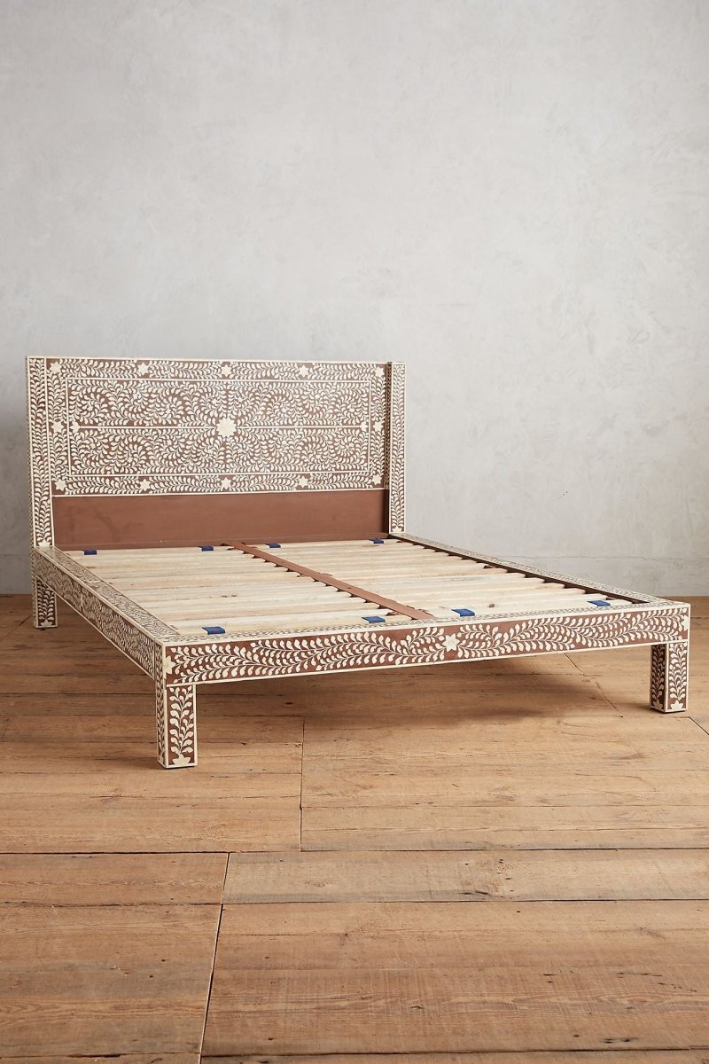 Handmade Bone Inlay King/Queen Size Platform Bed with Upholstered Headboard - Luxury Bedroom Furniture for Master Suite & Guest Room Decor