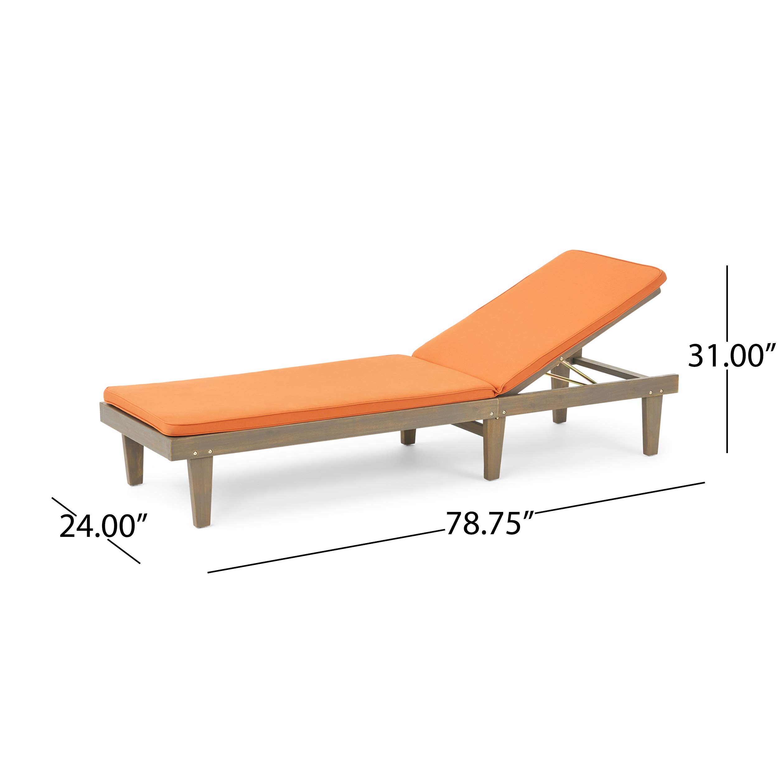 Premium Acacia Wood Outdoor Chaise Lounge with Cushion Set - Gray & Rust Orange - Weather-Resistant Patio Furniture for Poolside, Garden, or Backyard Relaxation