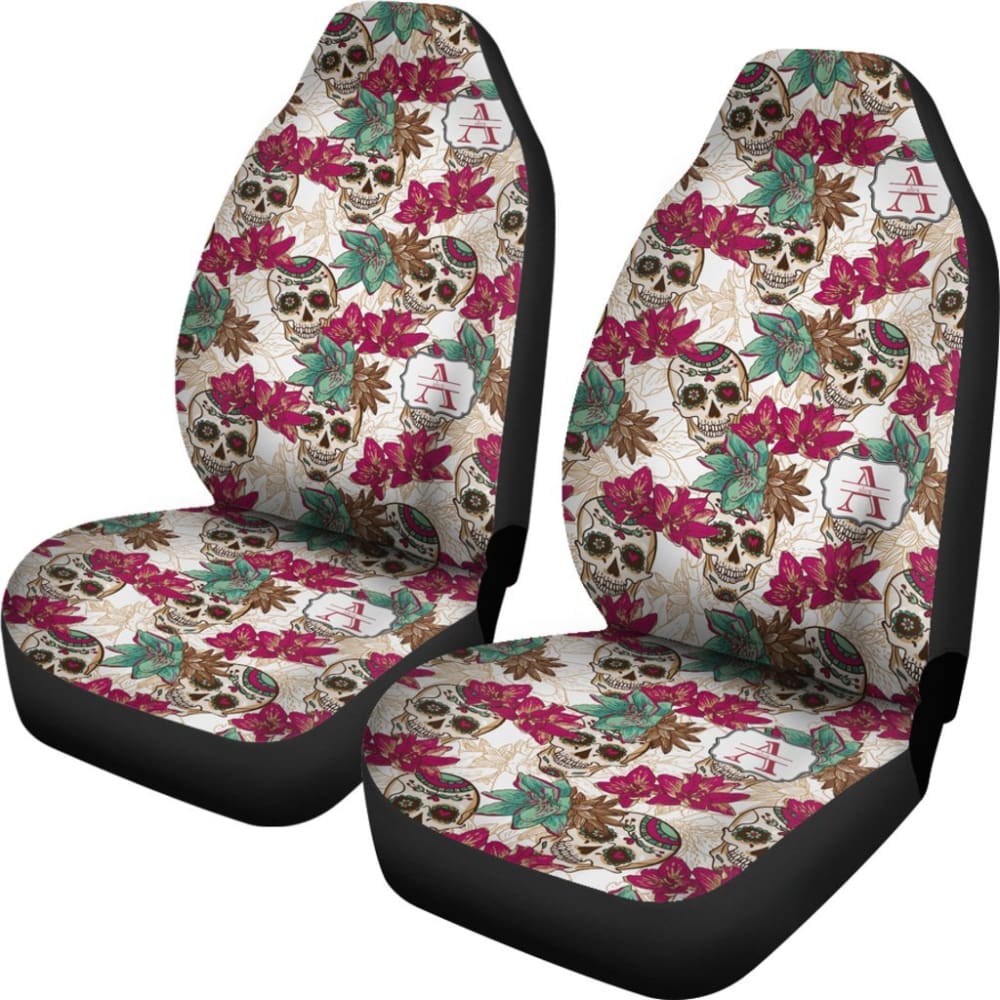 2 Pcs Sugar Skull Car Seat Covers - Universal Fit for Cars, Trucks & SUVs - Halloween & Dia de Los Muertos Decor - Protects Seats from Stains & Spills