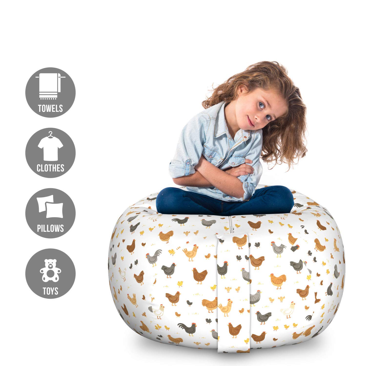 Ambesonne Large Washable Toy Storage Bag Chair - Rooster & Chick Cartoon Design, Cinnamon & Apricot - Perfect for Kids' Room, Nursery, or Playroom Organization