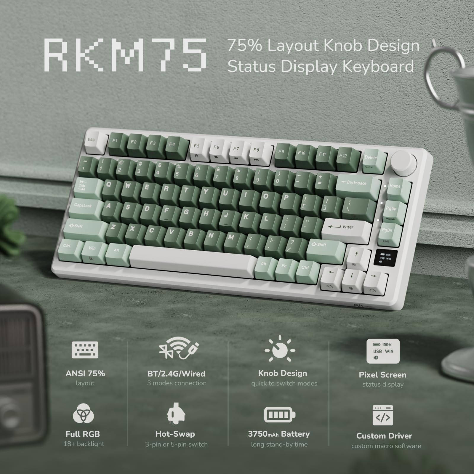 RK ROYAL KLUDGE M75 Wireless Mechanical Gaming Keyboard - 2.4G/Bluetooth 5.1/USB-C, 75% Compact Layout (81 Keys), Gasket Mount, OLED Display, RGB Backlight, Hot-Swappable Viridian Green Switches - Perfect for PC Gaming, Office Work & Typing Enthusiasts
