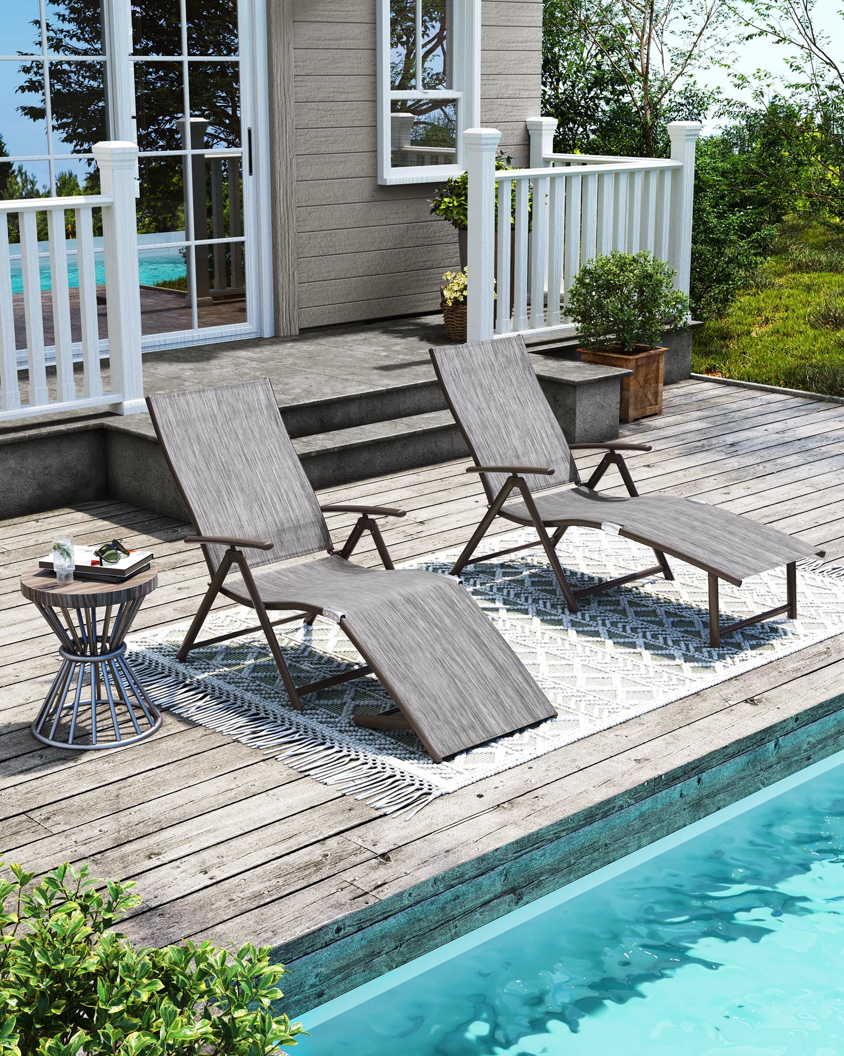 Pellebant 2-Piece Outdoor Chaise Lounge Set - Adjustable Aluminum Pool Lounge Chairs with Footrest, Foldable Patio Furniture for Beach, Poolside, Deck & Backyard (Black & Grey) - Perfect for Sunbathing, Relaxing & Outdoor Lounging