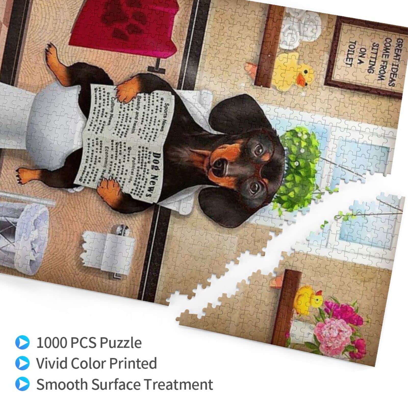 QISPIOD 1000-Piece Wooden Jigsaw Puzzle - Dachshund Dog Sitting on Toilet Reading Newspaper, Fun Animal Puzzle for Adults & Teens (29.5x19.6 inches) | Home Decor, Gift Idea, Family Game Night, Preschool Educational Toy