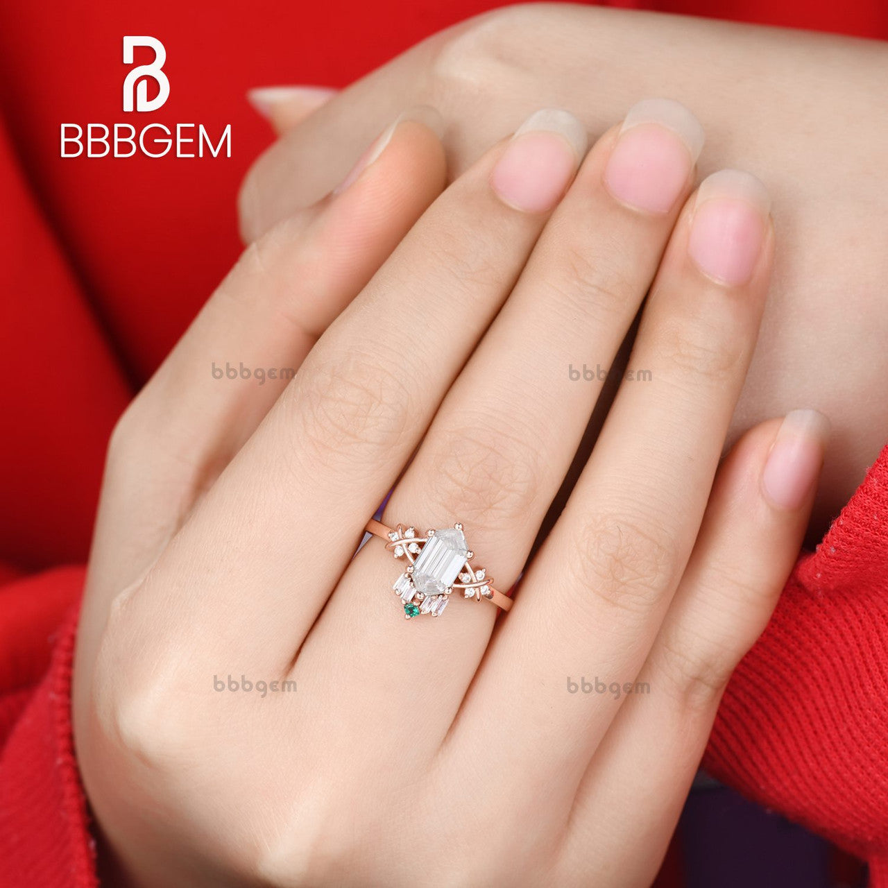 Hexagon Cut Moissanite & Emerald Engagement Ring Set in Rose Gold - Vintage Cluster Wedding Band for Women, Perfect for Proposals, Anniversaries & Bridal Jewelry