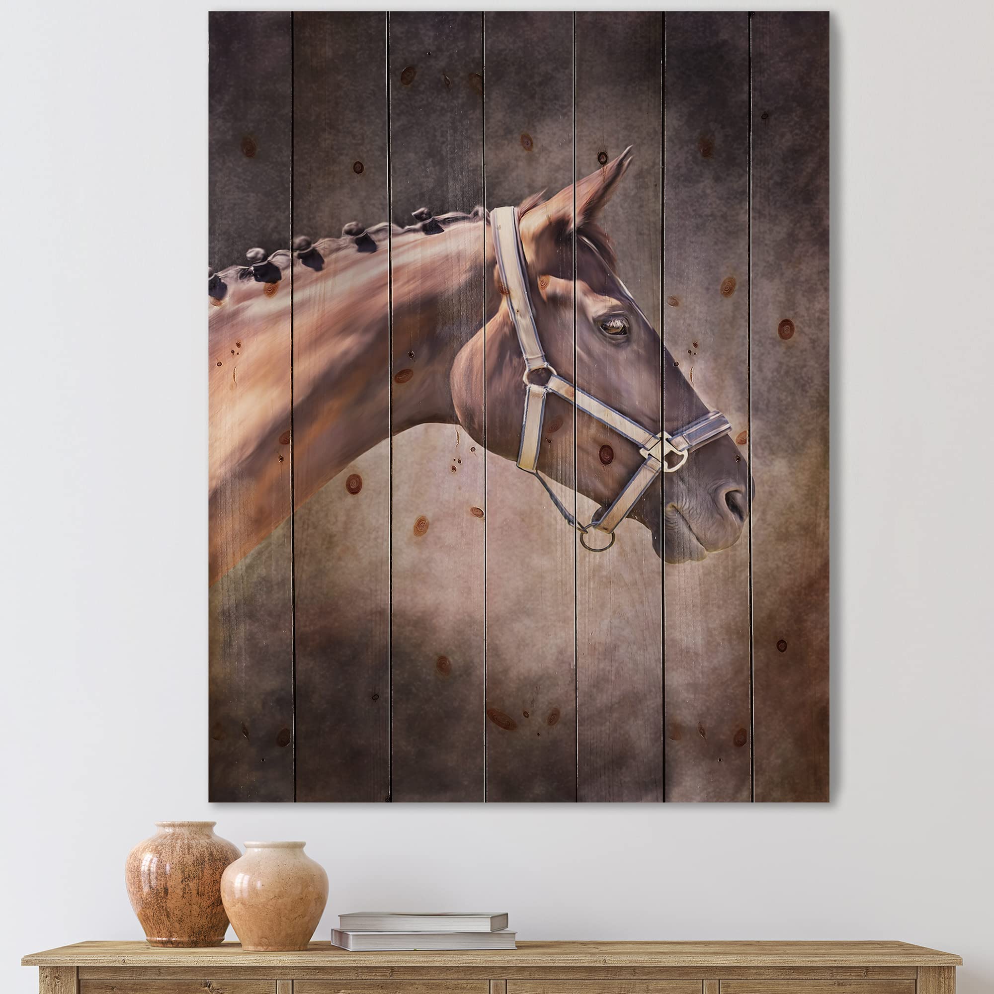DesignQ Brown Horse Portrait Farmhouse Wood Wall Decor - Large Animal Wood Wall Art Panel Printed on Natural Pine - Perfect for Living Room, Bedroom & Rustic Home Decor