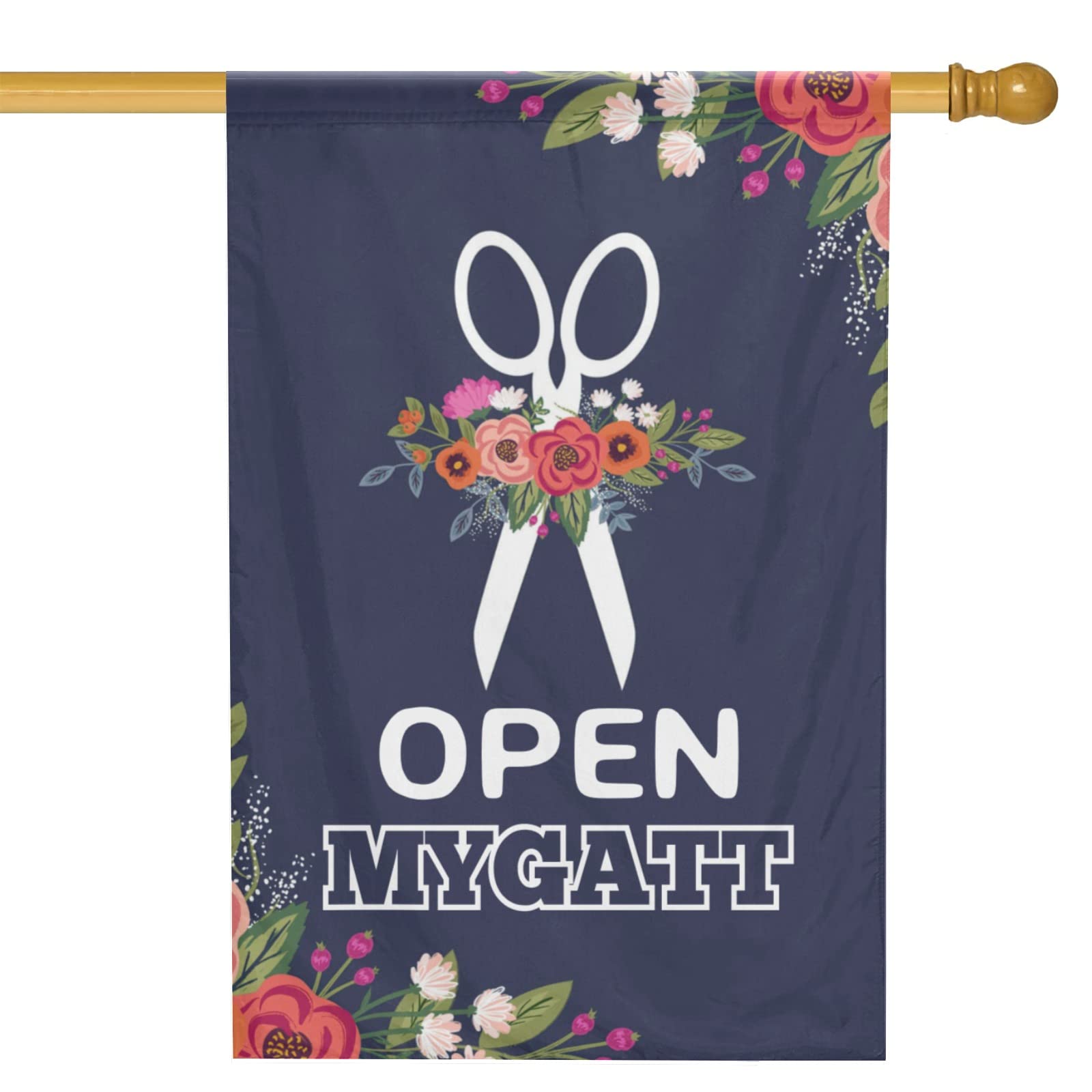 Custom Navy Blue Boho Flowers Open Hair Salon Garden Flag - Personalized Welcome Sign with Name - Double Sided 28''x40'' Outdoor Decorative Banner for Spring - Perfect for Salon Entryways, Porch Decor & Garden Welcome Signs