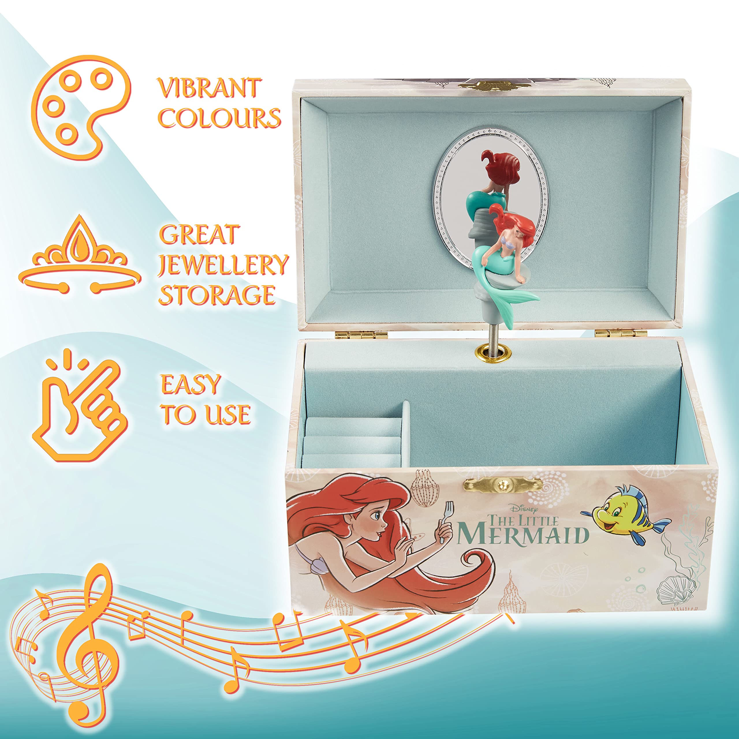 Disney Encanto Musical Jewelry Box for Girls - Princess Frozen Storage Box with Spinning Mirabel, The Little Mermaid Ariel & Elsa Music Box - Perfect Birthday Gift for Girls, Beige - Great for Bedroom Decor, Jewelry Organization & Disney Fan Collections