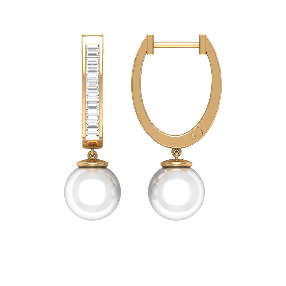 8.25 CT Freshwater Pearl and Diamond Hoop Drop Earrings for Women - 14K Solid Gold, 8mm Pearl Jewelry - Perfect for Weddings, Parties & Special Occasions