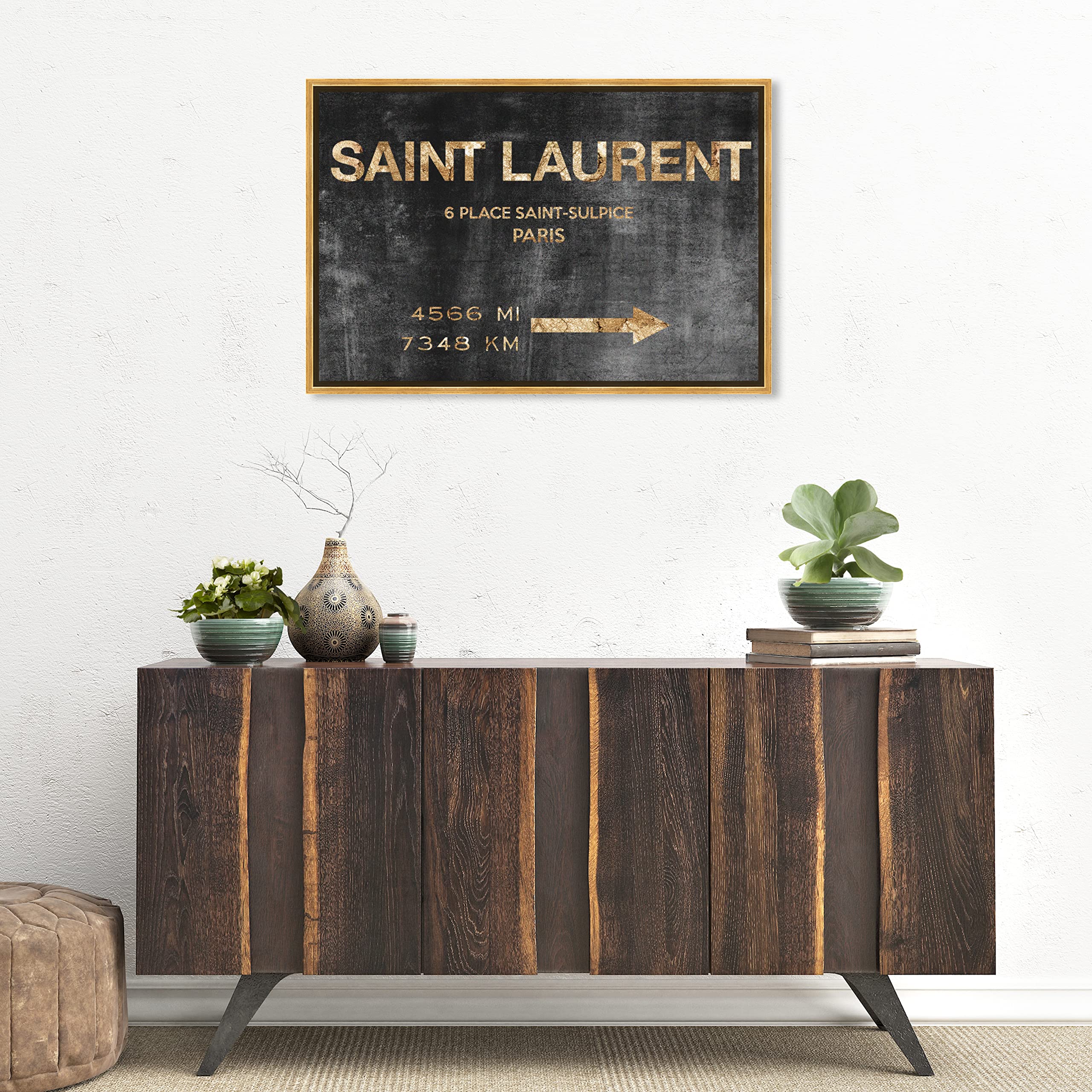 Oliver Gal Modern Canvas Wall Art - Saint Sulpice Road Sign Black & Gold Framed Painting (21.5x31.5 Inch) - Ready to Hang Home Decor for Bedroom, Living Room & Office - Fashion & Glam Wall Art for Contemporary Interior Design