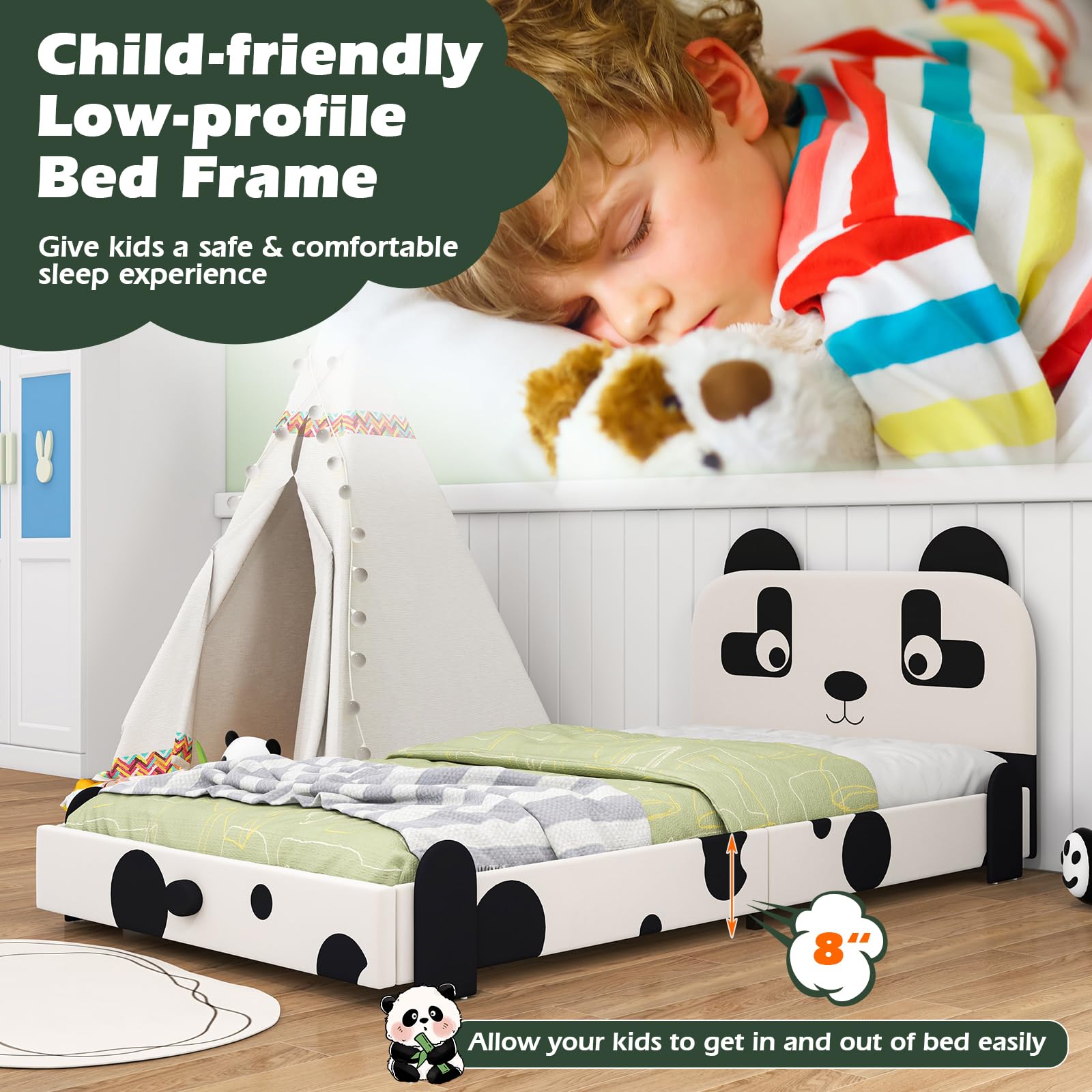 Costzon Twin Bed Frame for Kids - Sturdy Metal Platform with Slat Support & Padded Headboard, No Box Spring Needed, Easy Assembly (Cute Panda Design) | Perfect for Kids' Bedroom, Guest Room & Small Spaces